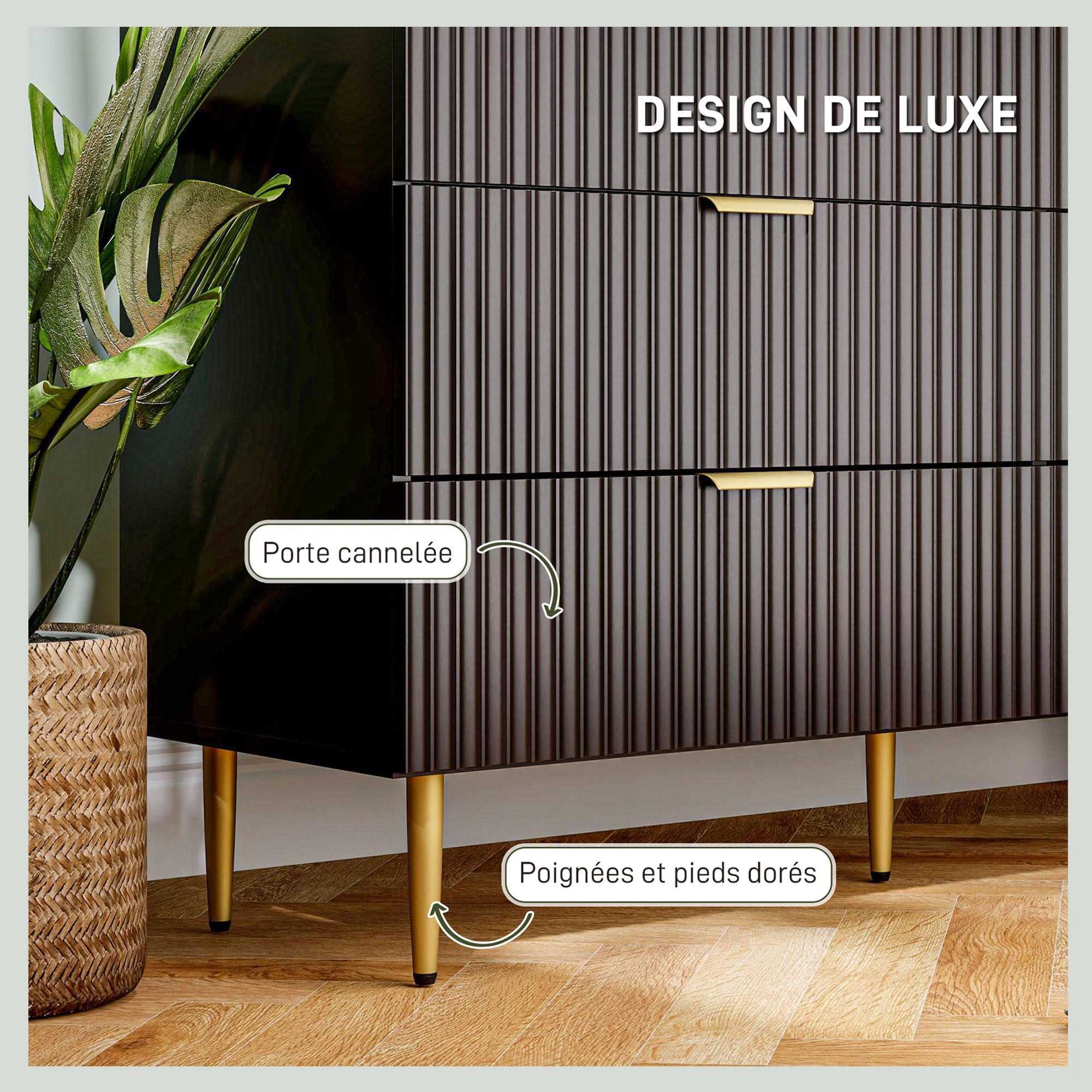 HOMCOM Commode 6 tiroirs Commode Chambre Meuble de Rangement Moderne avec poignées et Pieds dorés, pour Chambre à Coucher, Salon, dim. 120 x 40 x 76,5 cm, Noir