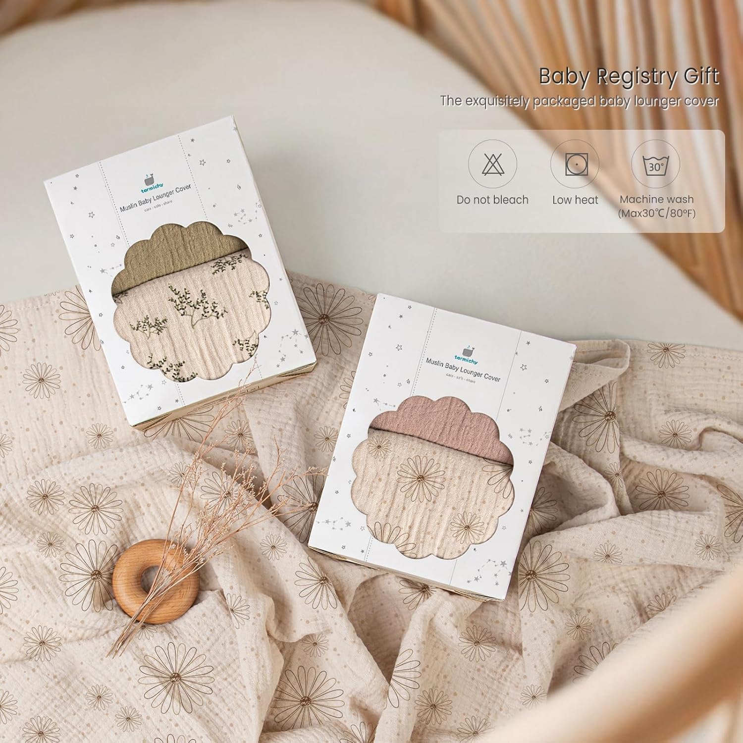 Termichy Baby Lounger Cover Muslin: Soft Cotton Slipcover for Snuggle Me Lounger - Removable & Machine Washable for Daily Use - Zipper-Free & Skin-Friendly for Newborn Girls and Boys - Image 6