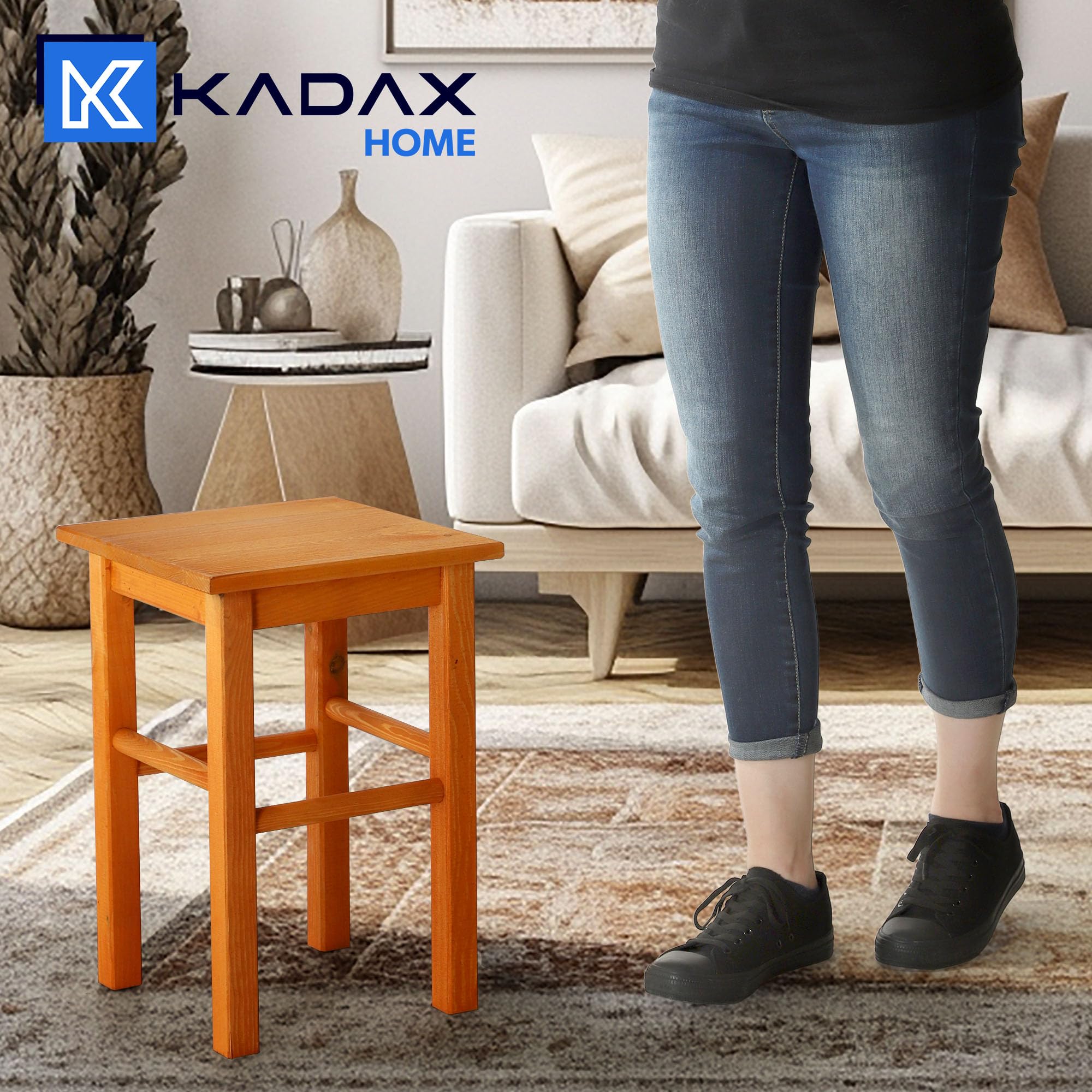 KADAX Taburete de Madera de Pino Natural Sin Pintar - 3 Modelos, Silla de Bar, Reposapiés, Escalón (Cuadrado Marrón)