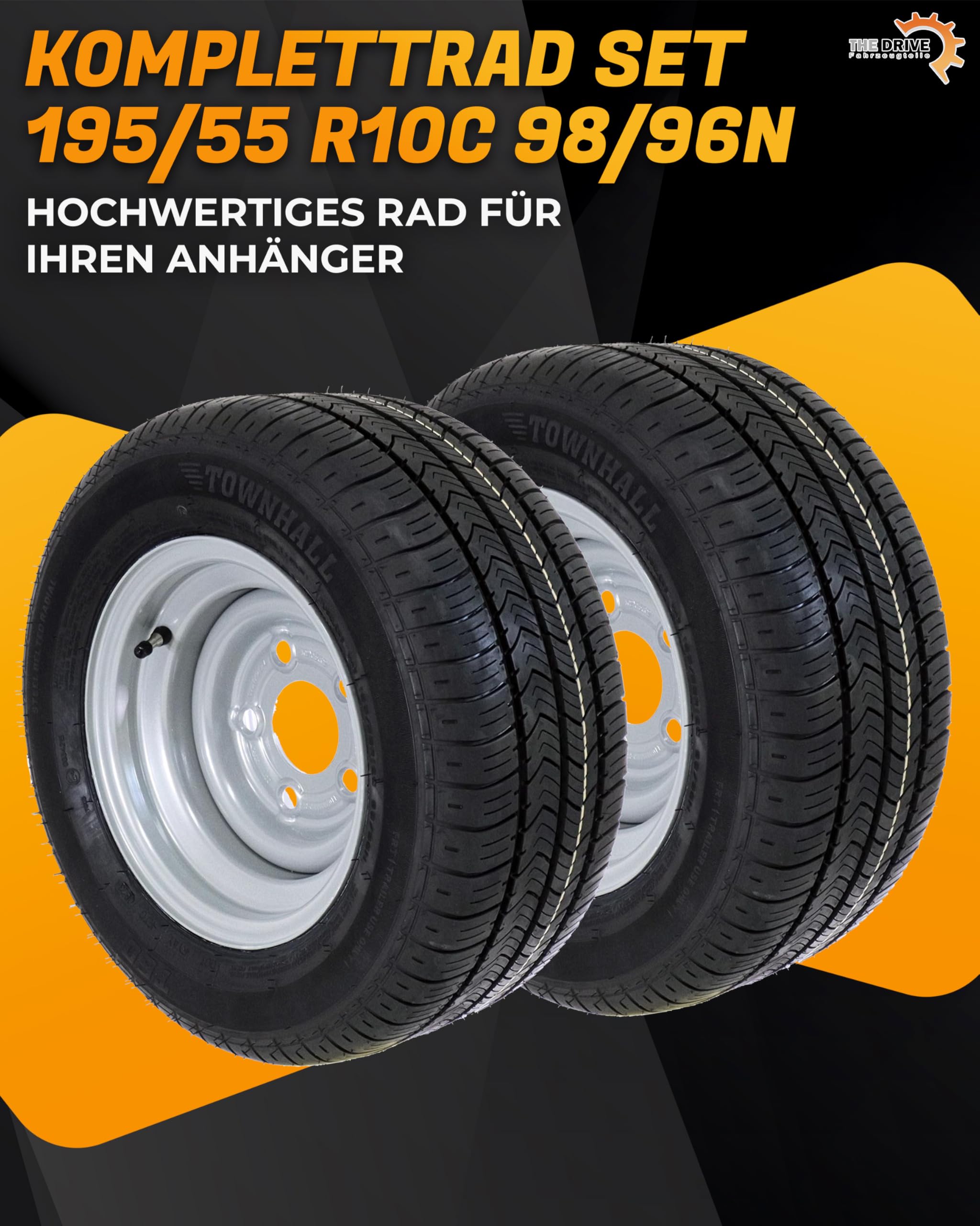 The Drive 2x Komplettrad 195/55 R10 C 98/96N M+S für Pkw-Anhänger & Caravan – Felge 6Jx10 H2 ET-4 – Lochkreis 5x112 – Tragkraft 750kg – max. 140 km/h – Hochwertige Ersatzräder für Autoanhänger