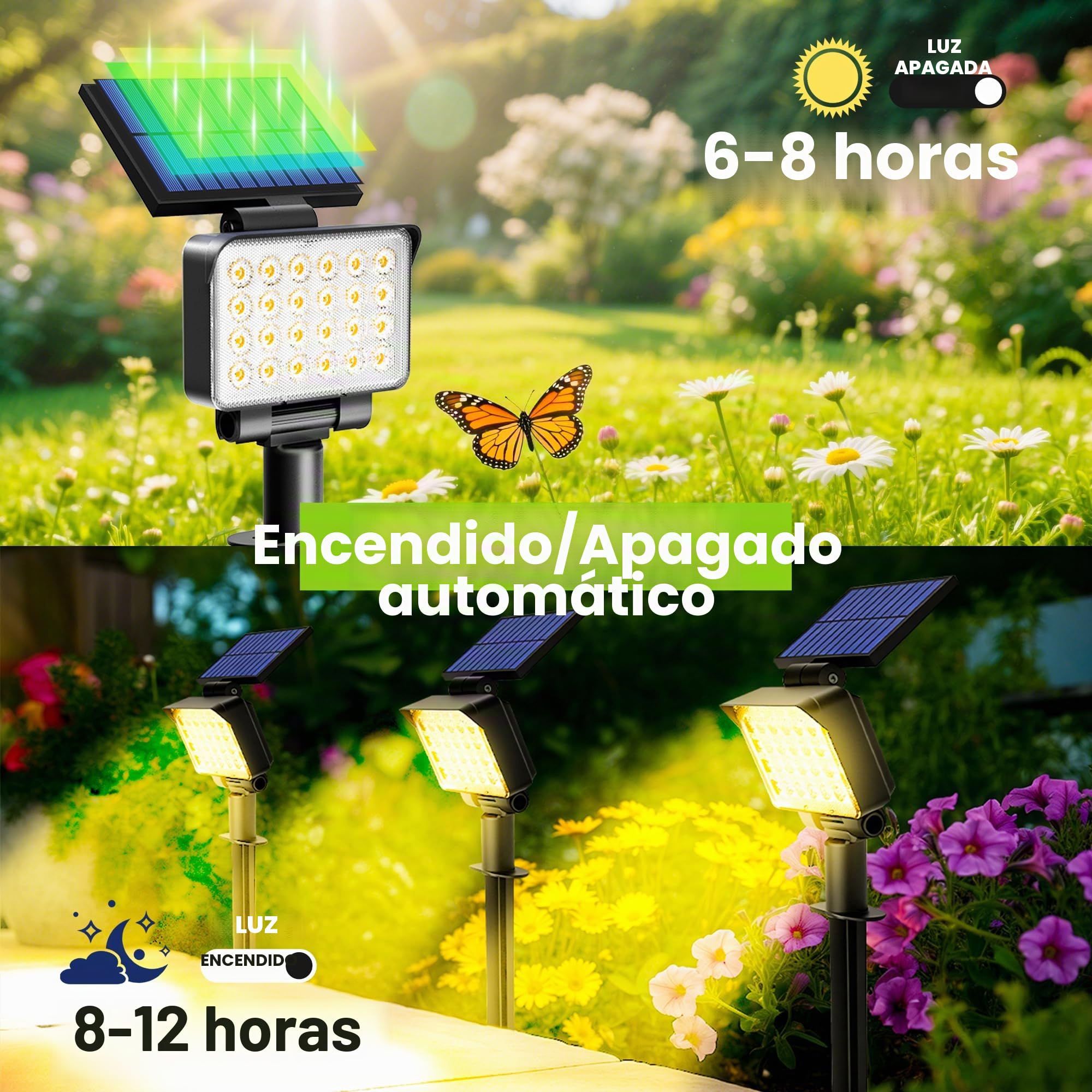 Solpex Focos Solares para Exteriores, IP65 ImpermeableLuces Solares para Jardín, 24 Ledes luces de Camino, para Caminos, Jardines, Cercas (Blanco Cálido, 4 Unidades)