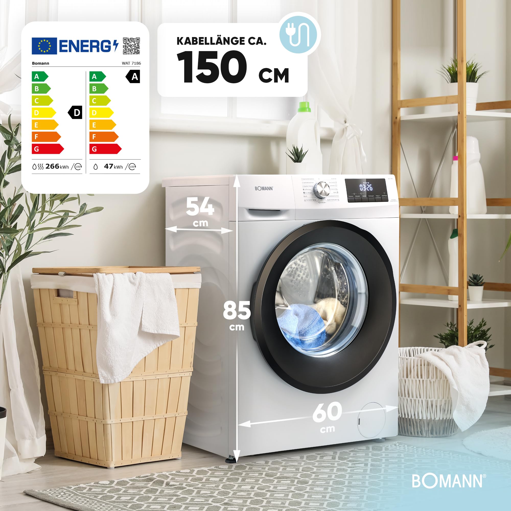 Bomann WAT 7186 Waschtrockner 8 kg Waschen 5 kg Trocknen 1400 U/Min Invertermotor weiß