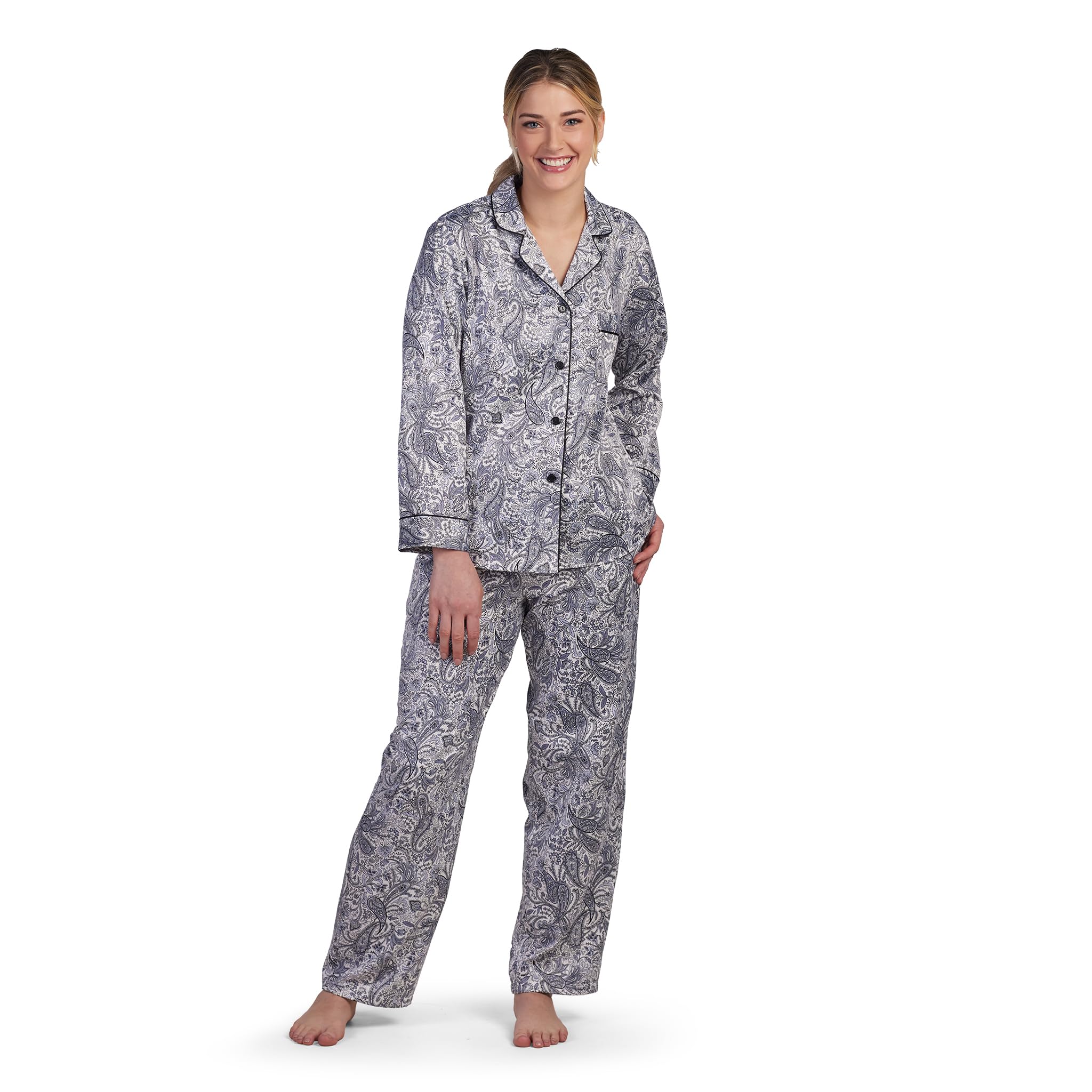 Miss Elaine Women's Satin Pajama Set - Button-Up Top & Elastic Waist Sleepwear, Loungewear - View #3