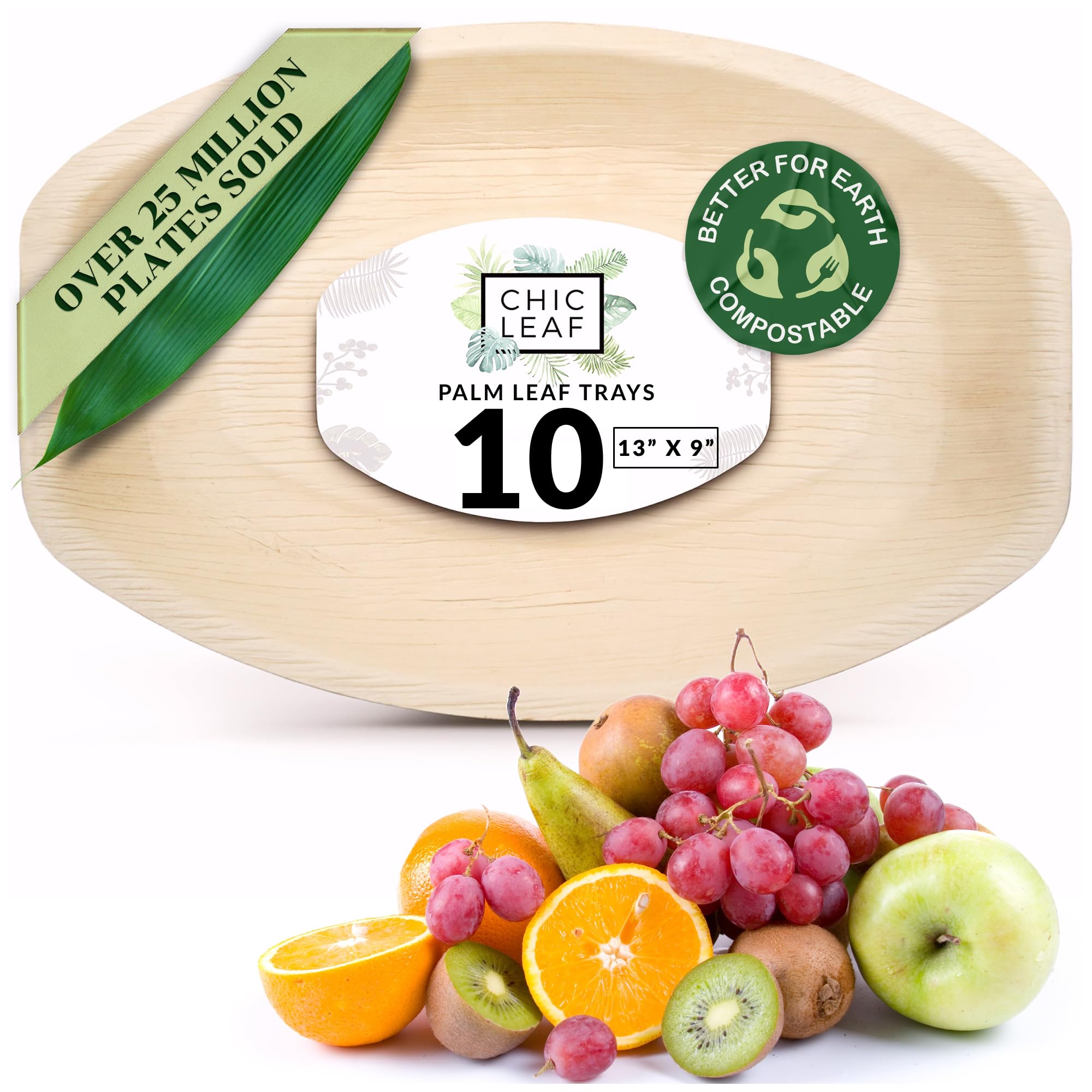 Chic Leaf All Natural Compostable & Disposable Rectangular 13" x 9" Palm Leaf Serving Tray for Events, Charcuterie Board, Catering & Weddings - Disposable Plates Party Supplies (10 pc)