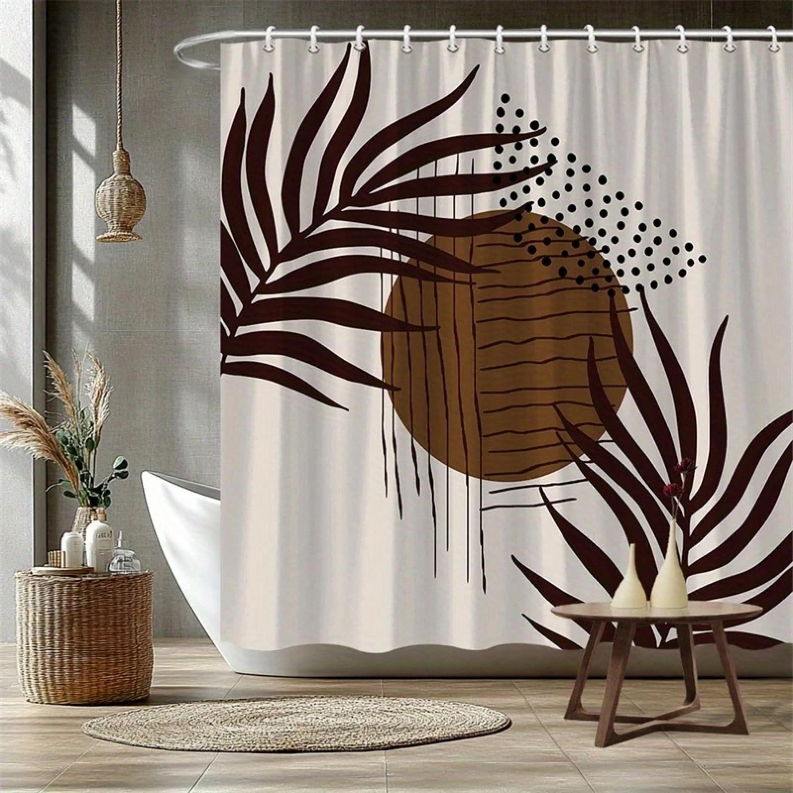 GLKSDLPO Abstract Natural Circular Shower Curtain With Brown Circles, Horizontal Lines, Shapes Beige Background Home Bathroom(150x200cm/59x79in(WxH)