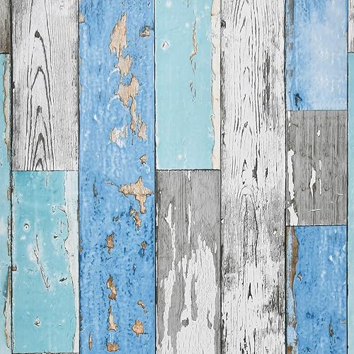 Caltero Papel tapiz de tablones de madera de 17.7 x 236 pulgadas, papel tapiz de madera envejecida azul para despegar y pegar, papel de contacto de