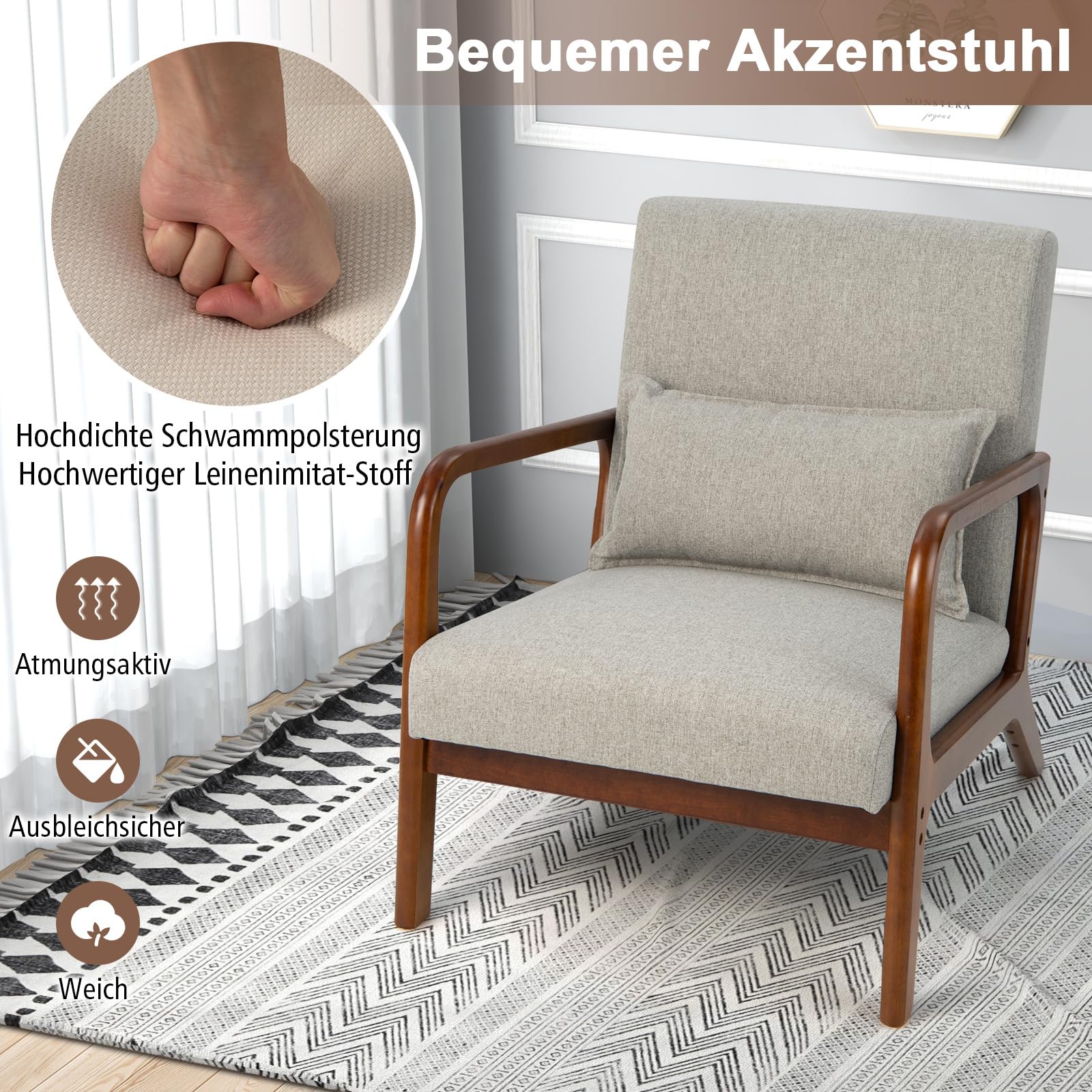 RELAX4LIFE Loungesessel Gepolstert, Akzentstuhl mit Massivholzrahmen, Relaxsessel mit Kissen Rückenlehne Armlehnen, bis 200 kg belastbar, Polstersessel für Wohnzimmer Schlafzimmer Büro (Grau)