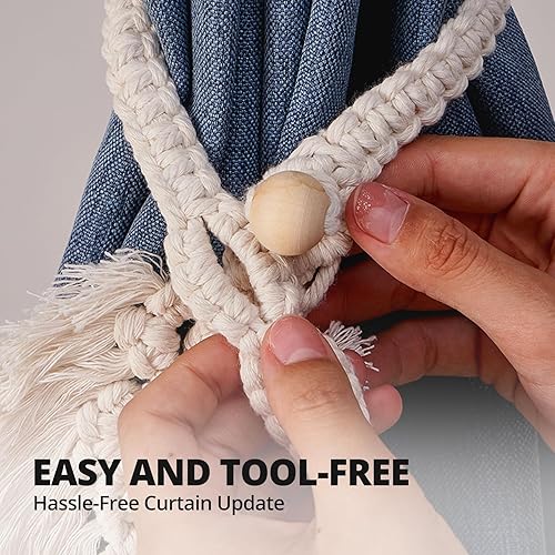 Miniatura 3 de Paquete de 2 alzapaños bohemios para cortinas con cuentas de madera, tejer a mano, sujetadores de algodón para cortinas, hojas dobles, temática de