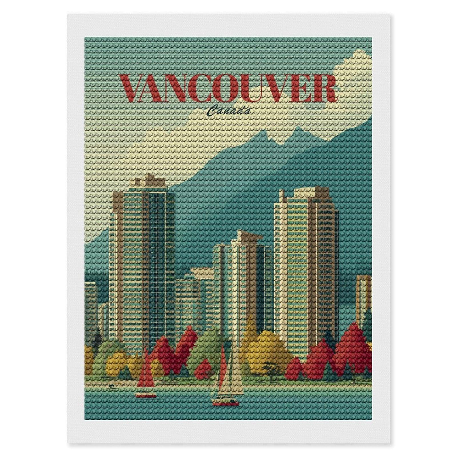 Junmoney Vancouver Cityscape with Mountains and Sailboats Diamond Painting Set 12"x16", Full Kit Included, Sparkling Round Gems, Farmhouse Decor, Festive Craft Gift