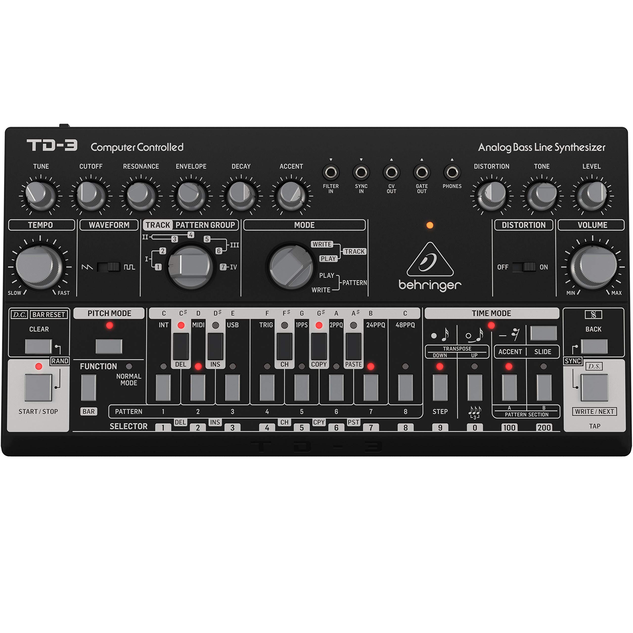 TD-3-BK Analog Bass Line Synthesizer with VCO, VCF, 16-Step Sequencer, Distortion Effects and 16-Voice Poly Chain