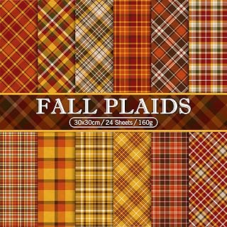 Whaline 24Pcs Fall Pattern Paper 30x30cm Autumn Buffalo Plaid Double-Sided Scrapbook Specialty Paper Folded Flat for Fall Thanksgiving DIY Background Card Making Photo Album Junk Journal Decoration