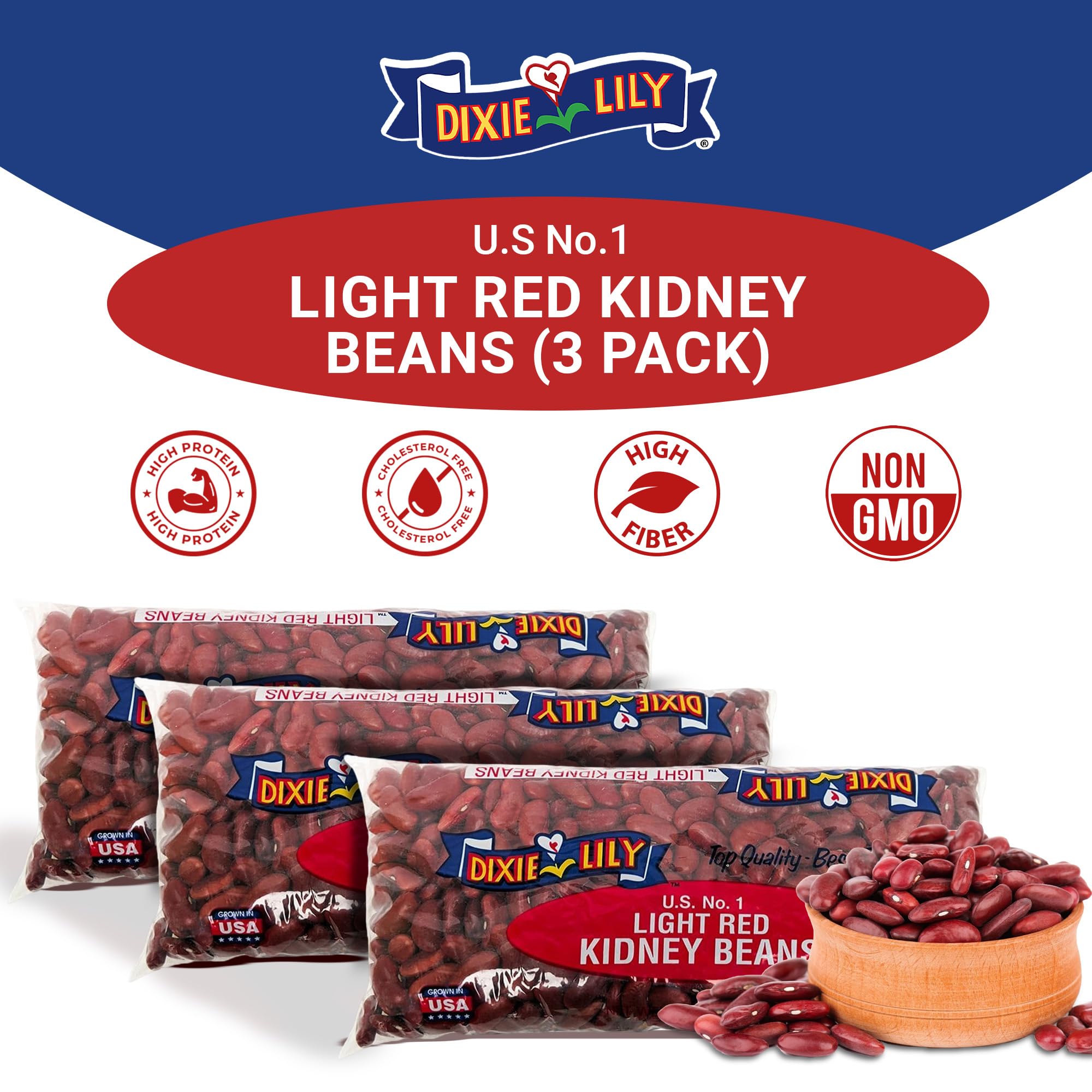 Dixie Lily Light Red Kidney Beans - Dried Beans for Soups, Stews, & Chili, Quick Soak or Slow Cooker, High in Fiber and Non-GMO - 12oz, 3 Pack