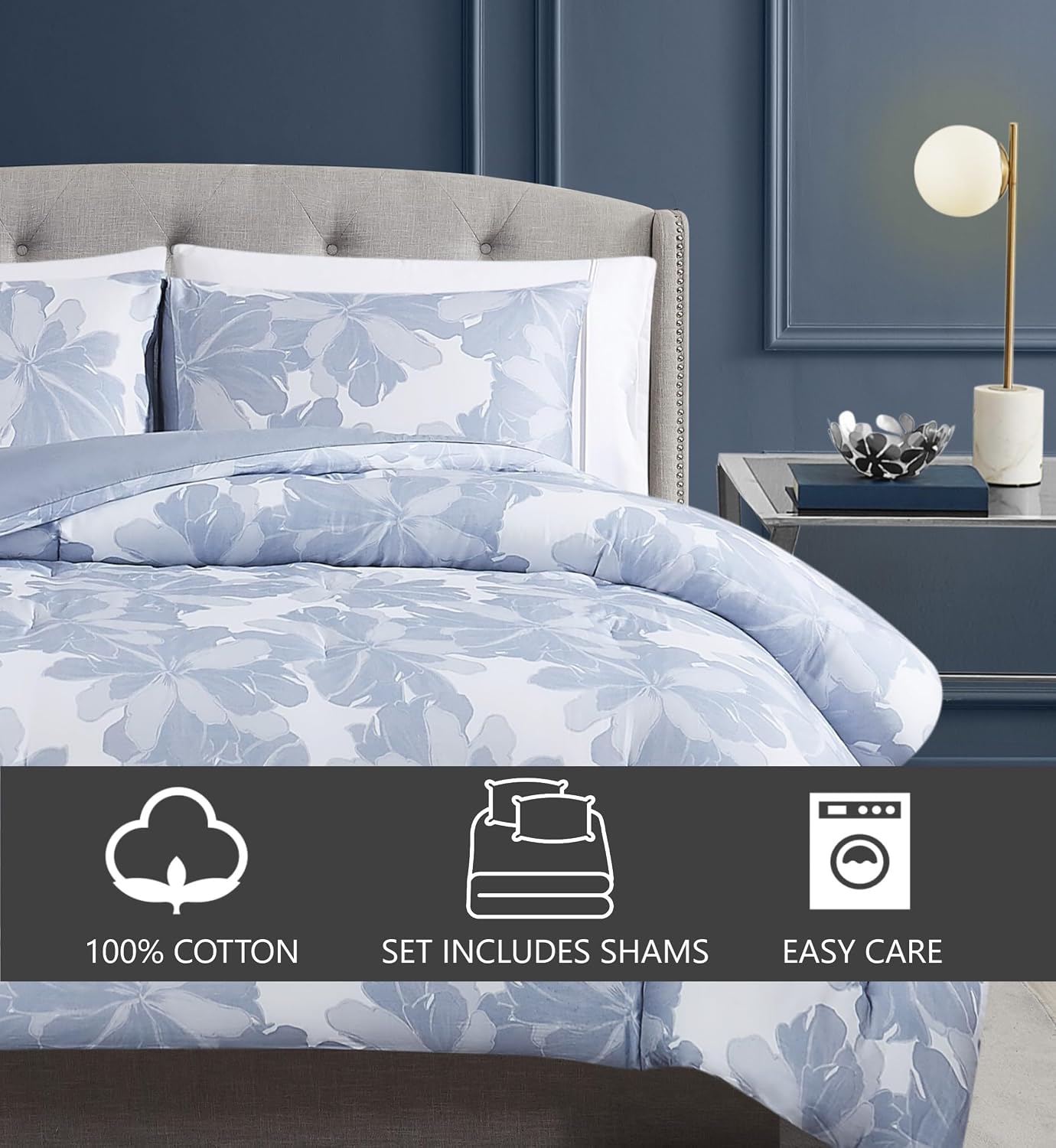 Vince Camuto Organic Floral 100% Cotton 3 Piece Full/Queen Duvet Set in Blue, All Season, Adult Size, Oeko-TEX Certified