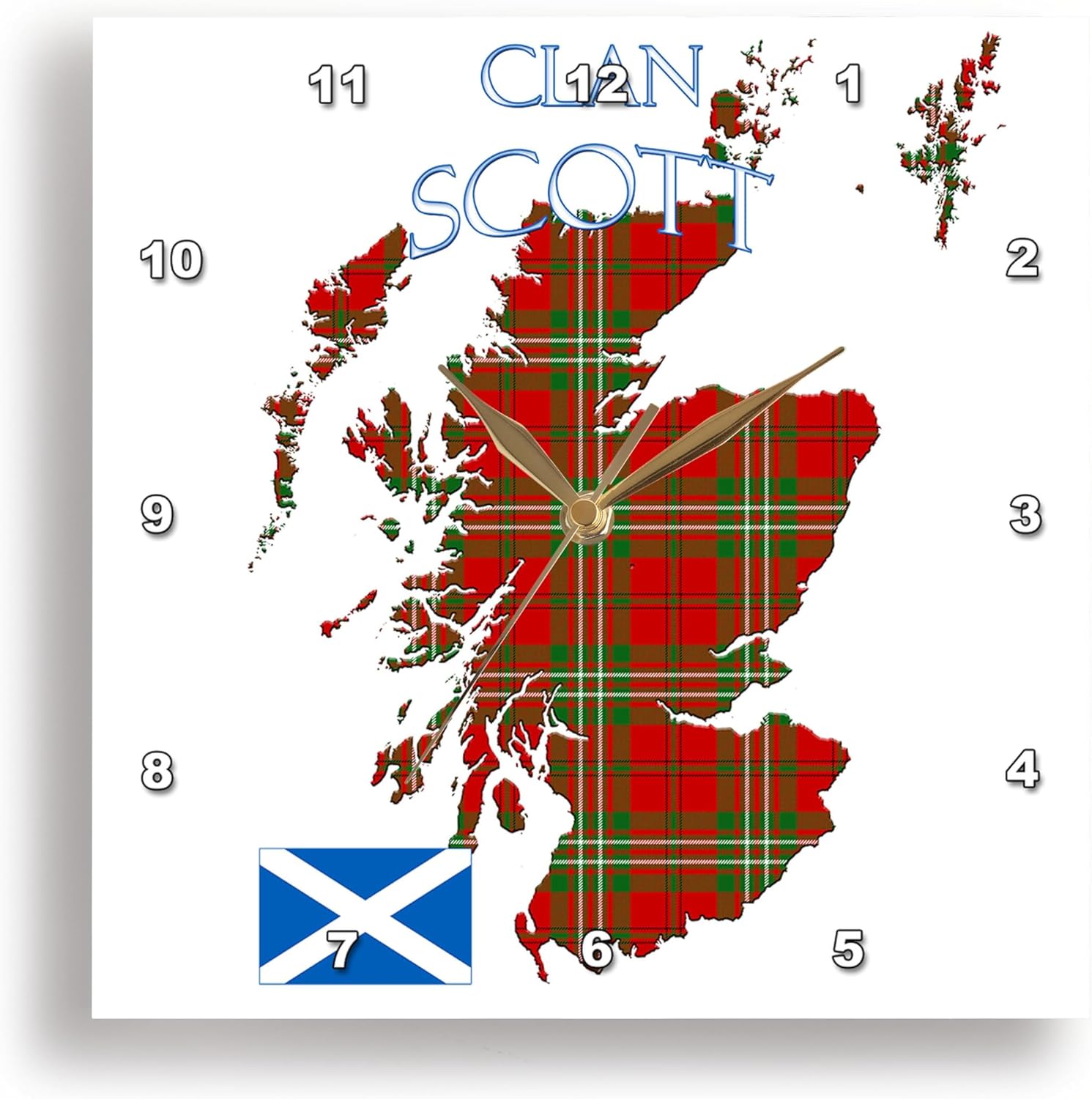 3dRose Wall Clock Silent - 13 inch - Outline of Scotland with The Scott Clan Family Tartan. - Creative Studios Scottish Tartans