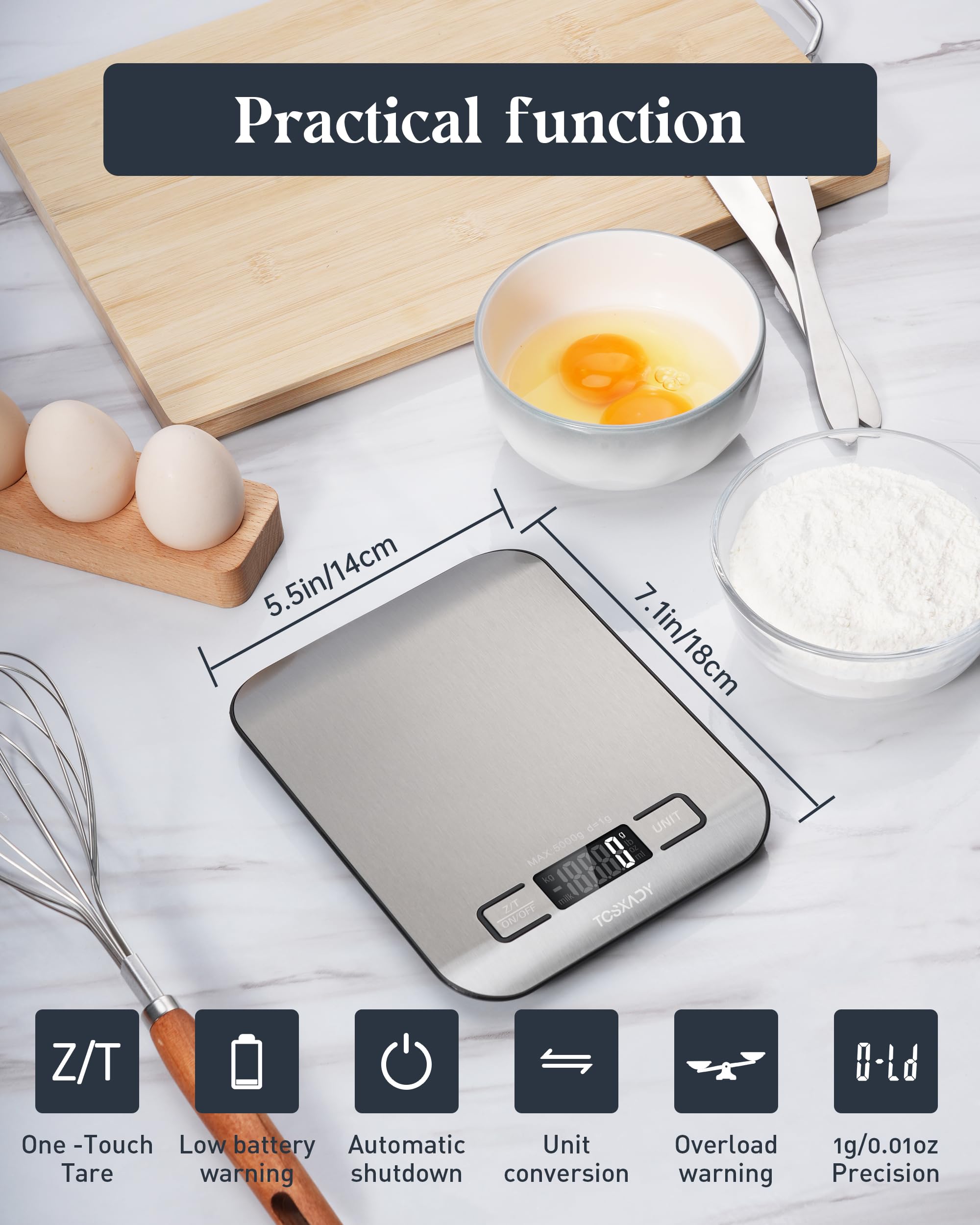 Lebensmittelwaage, 5 kg, digitale Küchenwaage mit 6 Einheiten, LCD-Display und Tara-Funktion, kompaktes Design zum Backen, gesundes Kochen, Mahlzeitenvorbereitung, 304 Edelstahl