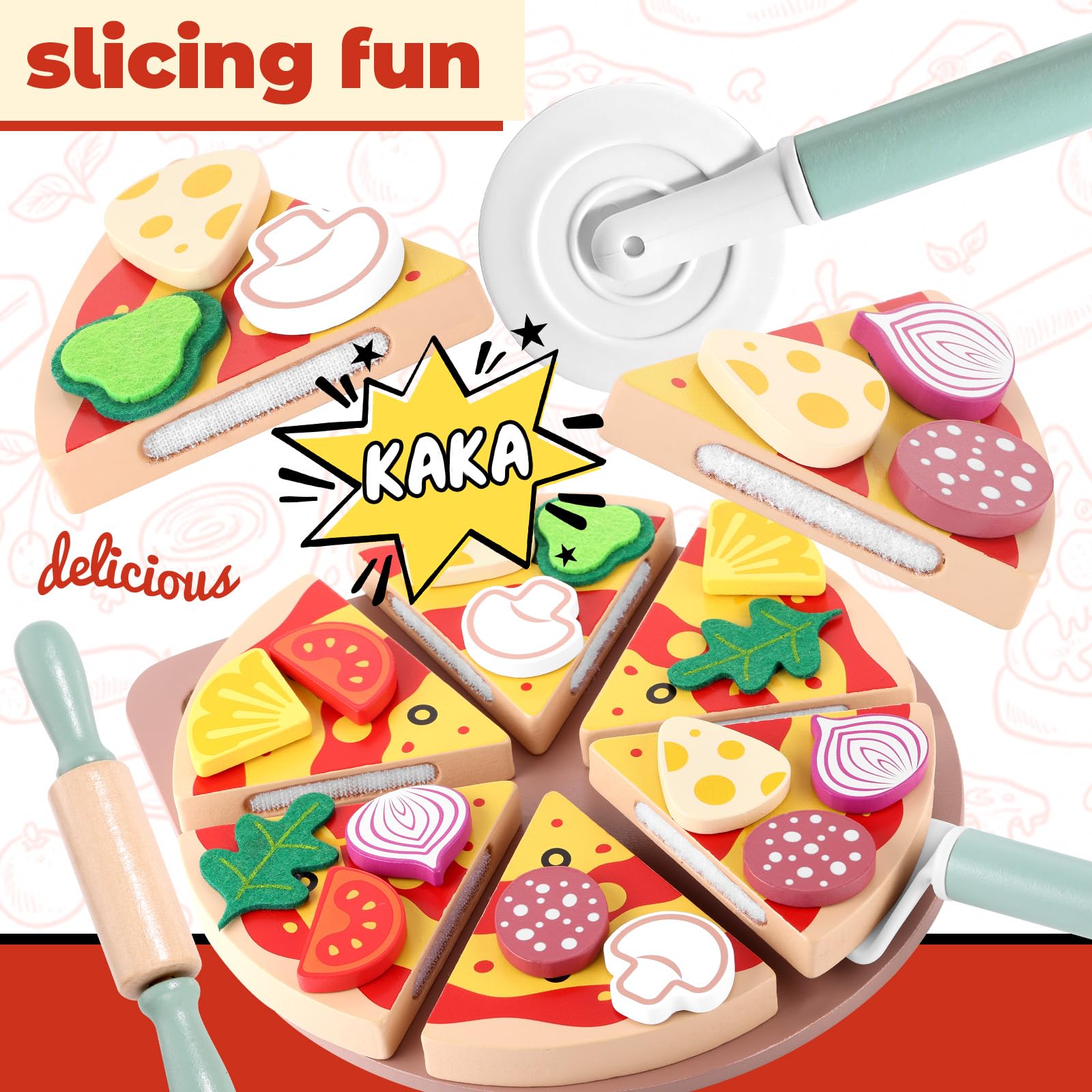 GAGAKU Set per pizza in legno - 27 pezzi Accessori da cucina per bambini 3-8 Giocattolo da cucina per pizza in legno Gioco di ruolo educativo