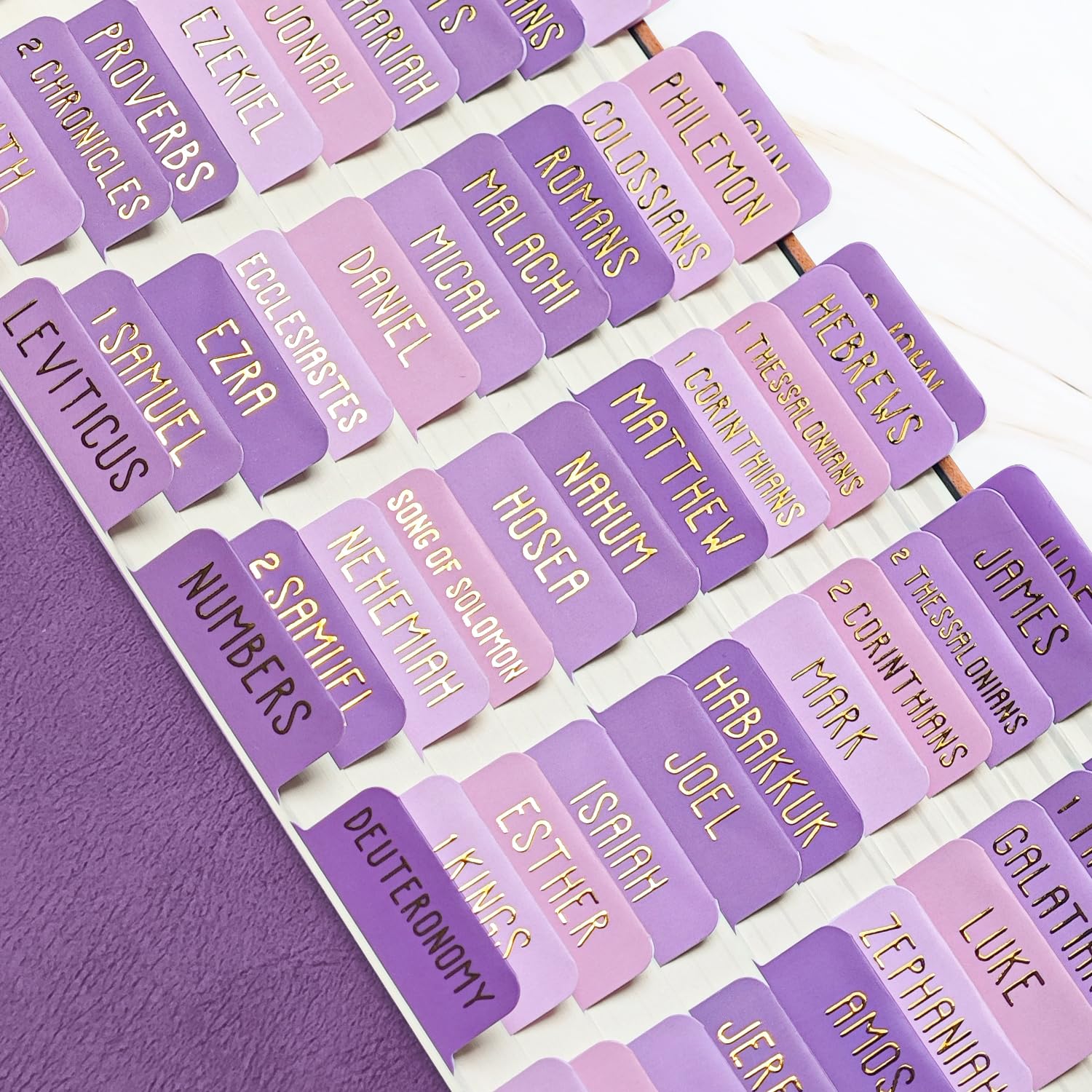 Laminated Bible Tabs, Bible Study Supplies, Large Print Bible Book Tabs for Women and Men, (Gold Foil Embossed Lettering) Bible Labels Index Tabs, Bible Accessories for Easy Navigation(Gentle Purple) โ image 1