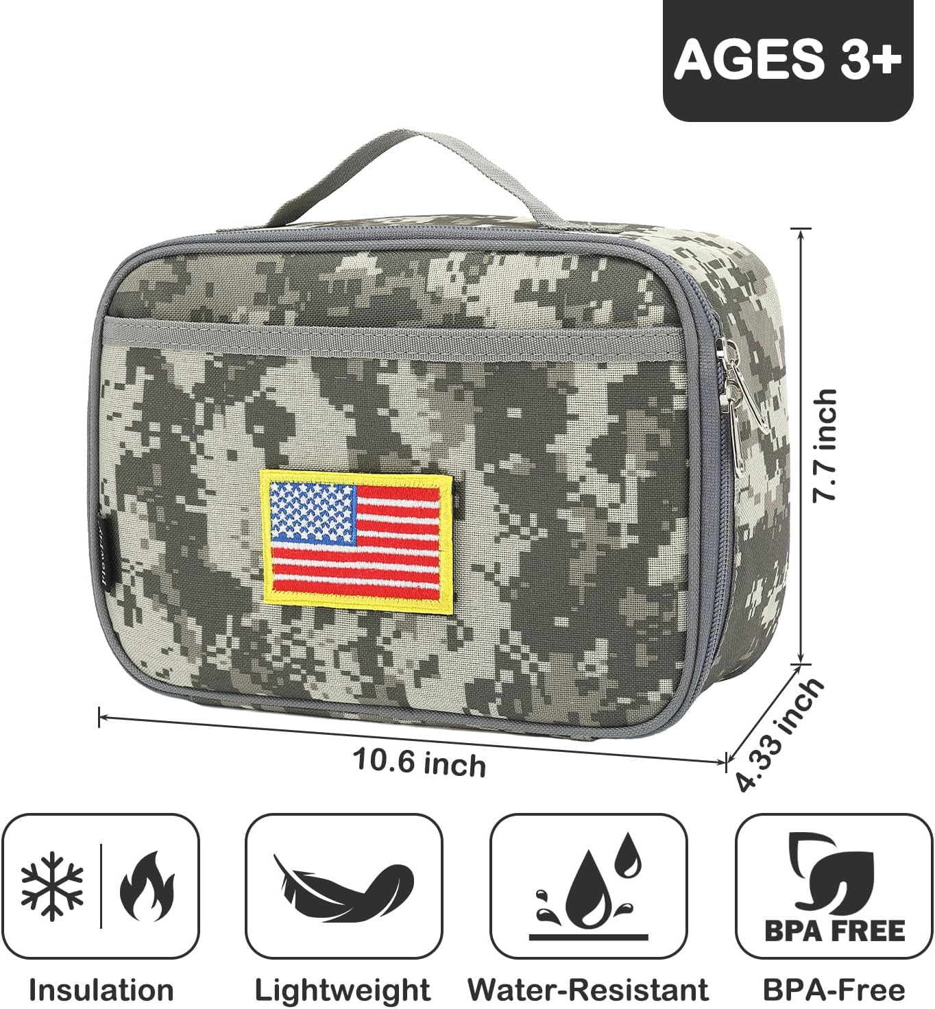 FlowFly Kids Lunch box Insulated Soft Bag Mini Cooler Back to School Thermal Meal Tote Kit for Girls, Boys, Free USA Flag Patch Included image 2