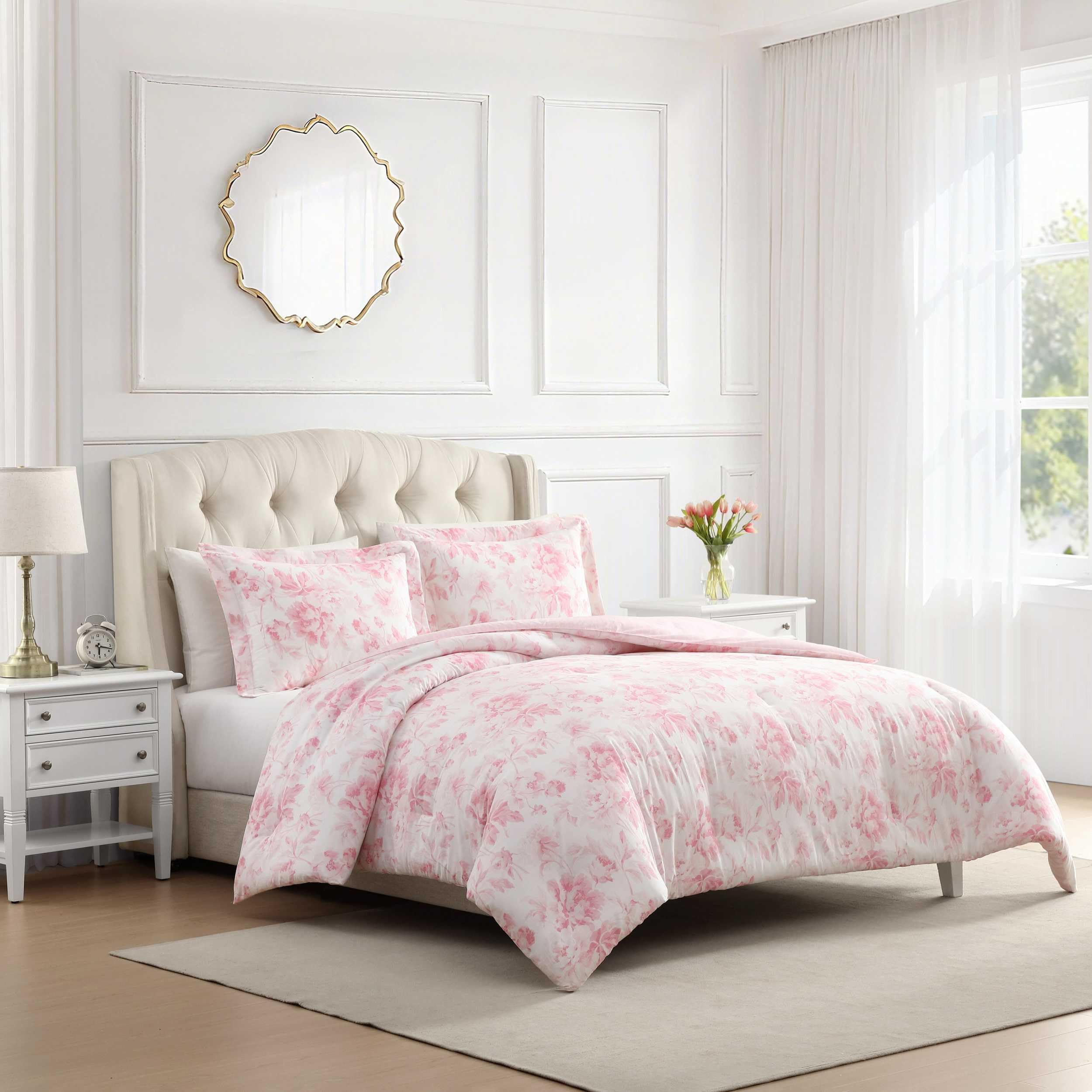 King Comforter Set, 100% Soft Cotton Bedding with a Textured Feel, Floral Bedding for Year Round Comfort, 3 Piece Bed Set with Matching Pillowcases (Anja Toile Pink)