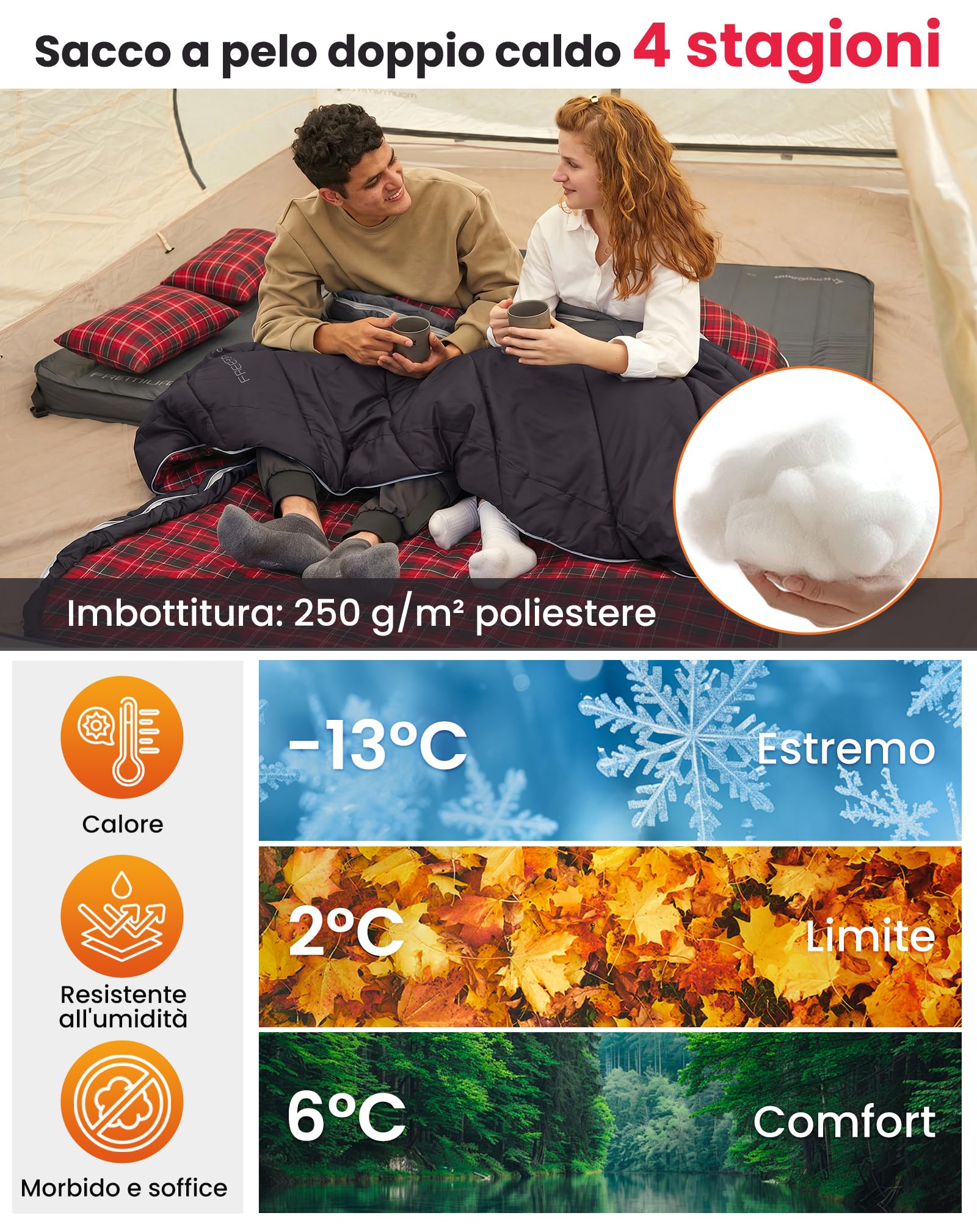 KingCamp Sacco a pelo doppio in flanella di cotone per 2 persone - Caldo invernale, 3-4 stagioni, con 2 cuscini - Ideale per camping, viaggi e attività outdoor