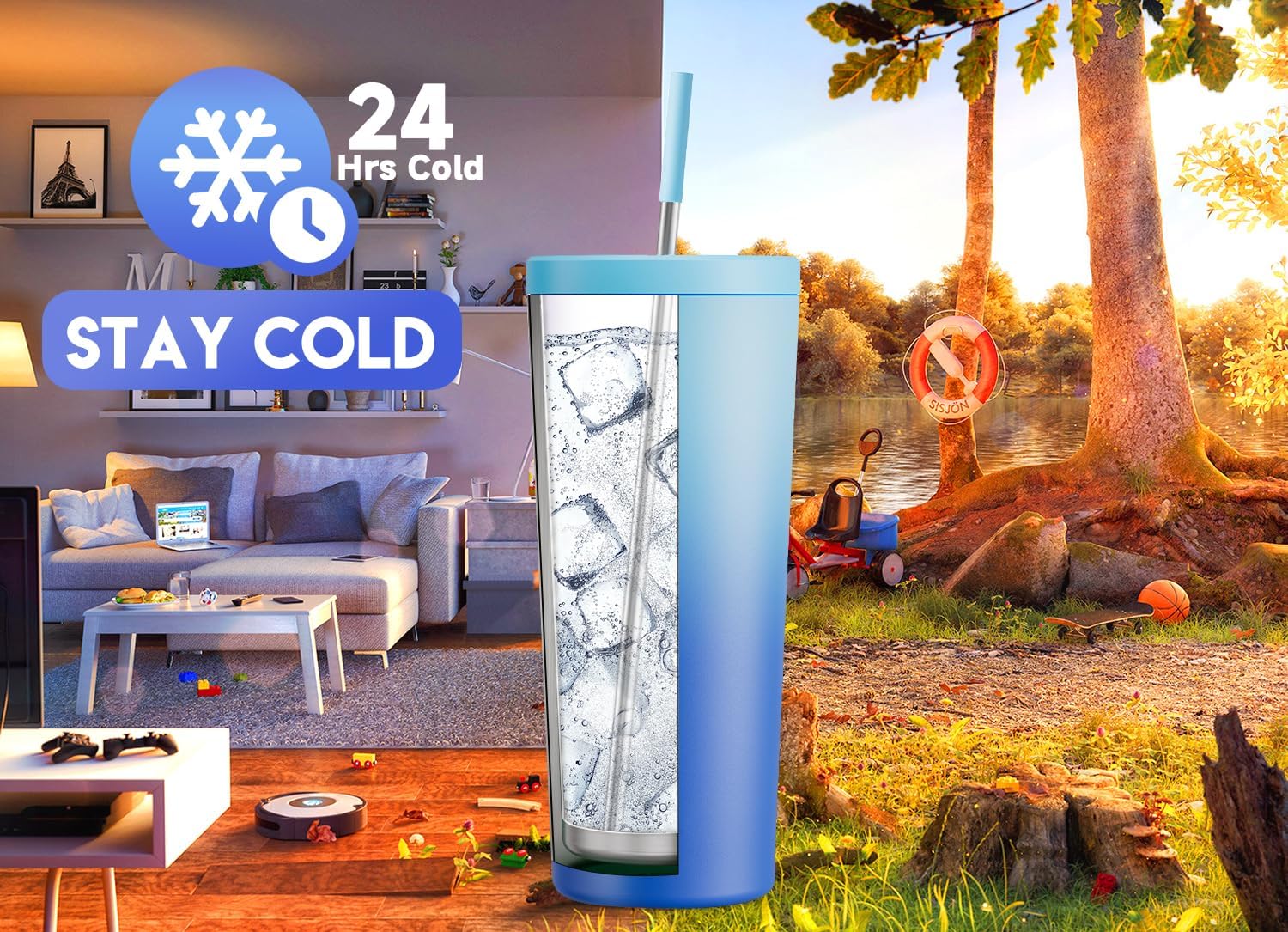 Meoky 24 oz Insulated Tumbler with Lid and Straw, Stainless Steel Vacuum Insulated Tumbler, Keeps Cold for 24 Hours, 100% Leak Proof, Fits in Car Cup Holder (Sky) - Image 2