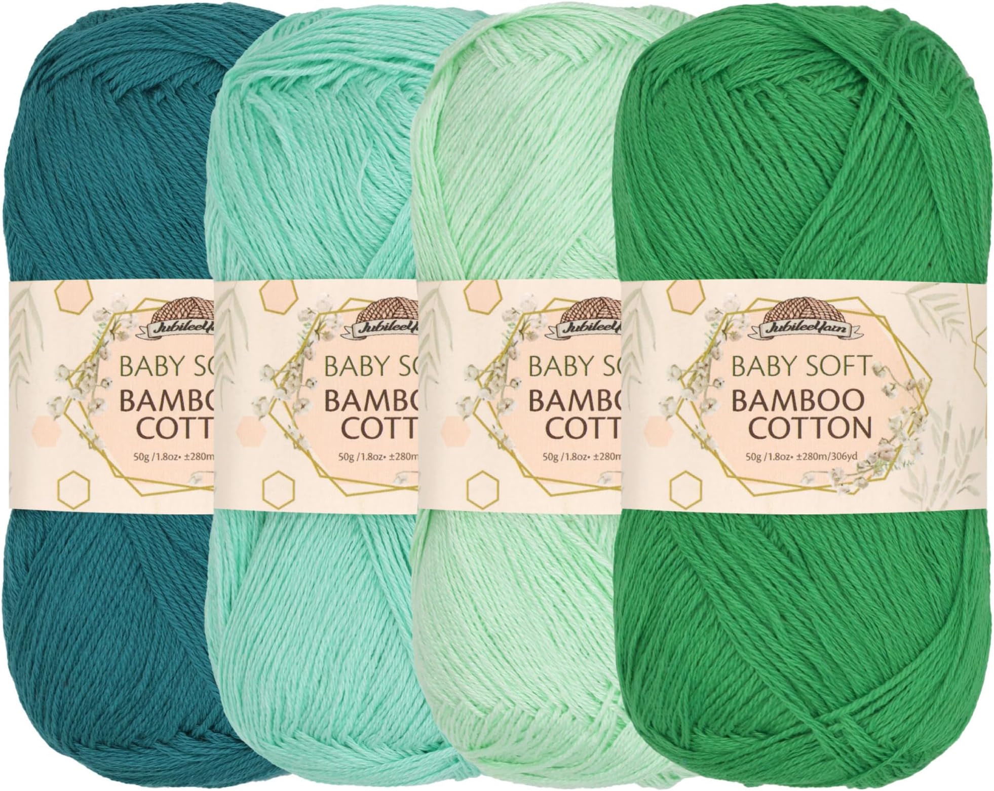 JubileeYarn Baby Soft Bamboo Cotton Yarn - 50g/Skein - Shades of Green - 4 Skeins