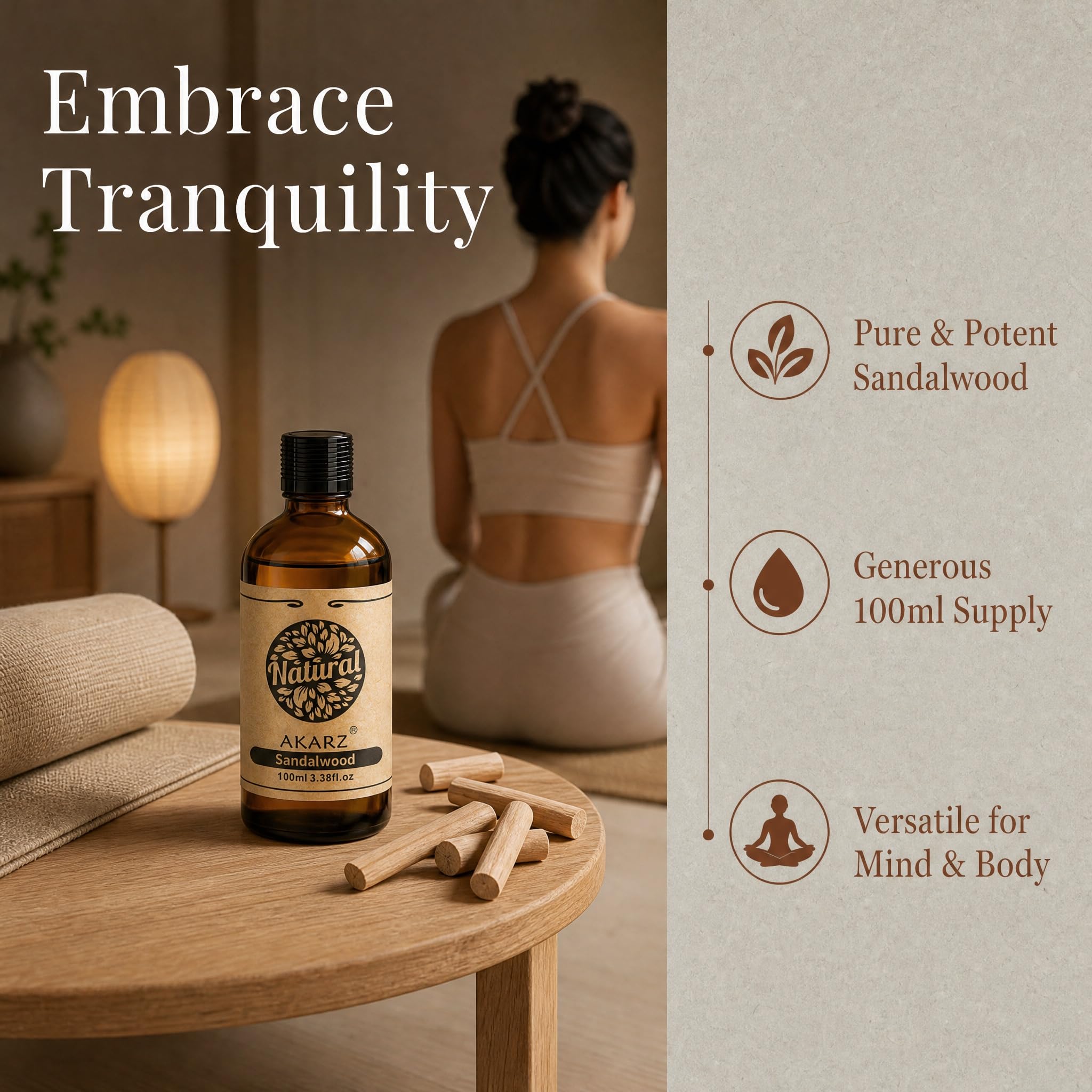 AKARZ 100ml Olejek esencjny z Sandalu - Naturalny olejek aromatyczny do dyfuzorów, lamp aromatycznych i aromatów pomieszczeń