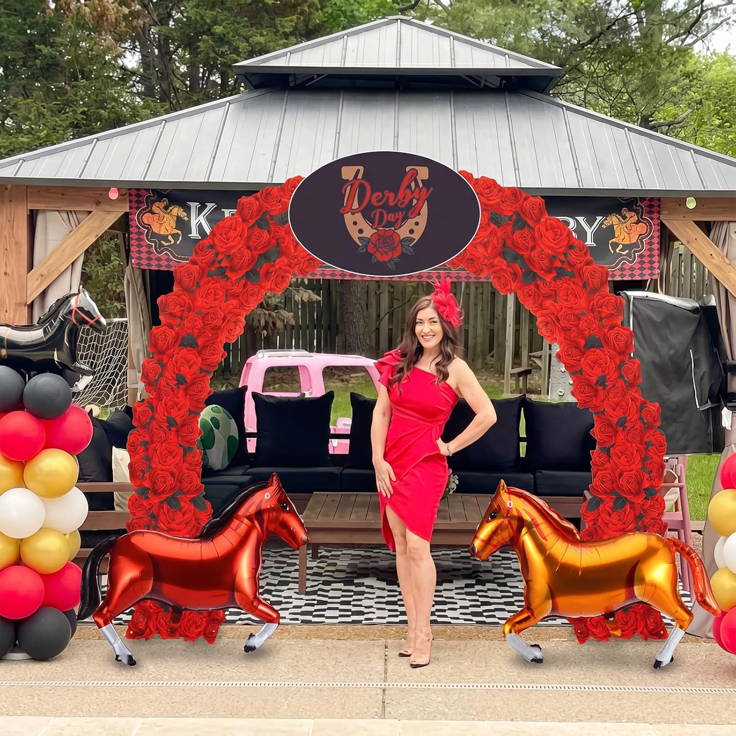 Thenshop Derby Day Party Decorations Set Include 6.5ft Derby Rose Arch Backdrop 2 Horse Foil Balloons Racing Decor for Race Day Rodeo Birthday Party Photo Booth Supplies