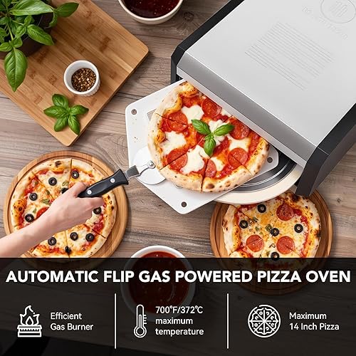 Miniatura 4 de Horno de pizza, con piedra y patas para pizza de 14 pulgadas, función de rotación automática, horno de pizza a gas al aire libre, material de acero
