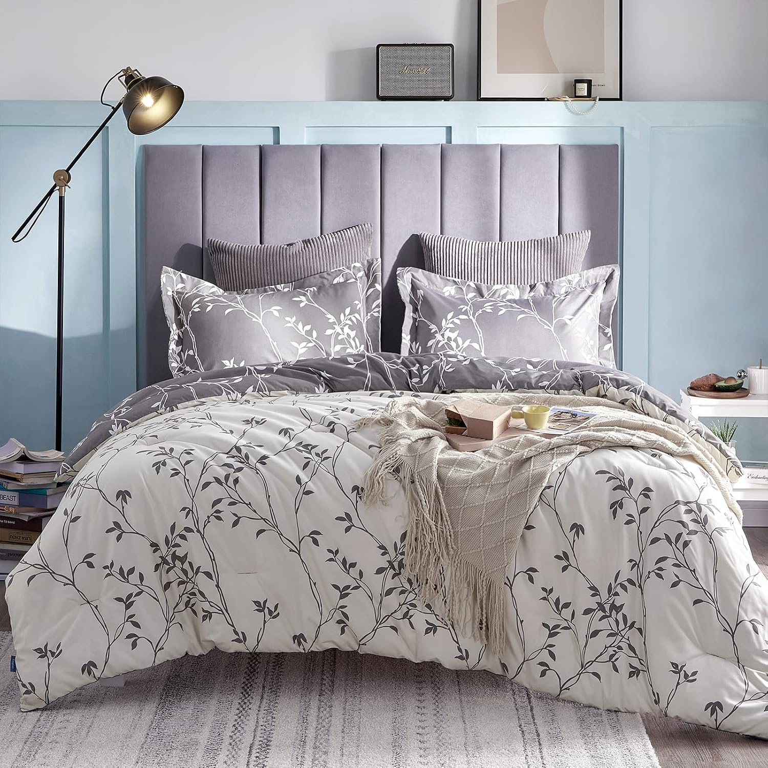 CozyLux 2-Pieces Reversible Comforter Set Twin Size Grey and White with Tree Branch Pattern Printed Lightweight Soft Down Alternative Duvet Insert - Fluffy Microfiber Bedding Set for All Season