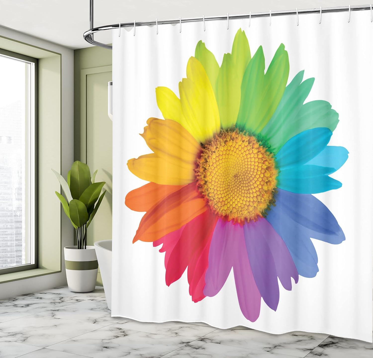 Ambesonne Flower Shower Curtain, Rainbow Colored Sunflower or Daisy Spring Inspired Image Hippie Style Modern Design, Cloth Fabric Bathroom Decor Set with Hooks, 69" W x 84" L, White Apricot