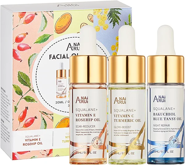 ANAI RUI Squalane Facial Oil Set,Face Oil Gift Set, Vitamin E Rosehip Oil +VC Turmeric Oil +Bakuchiol Oil,Soothing ,Stocking Stuffer for Women 20 ML/ 0.7fl.oz Each 3 Pack Blue