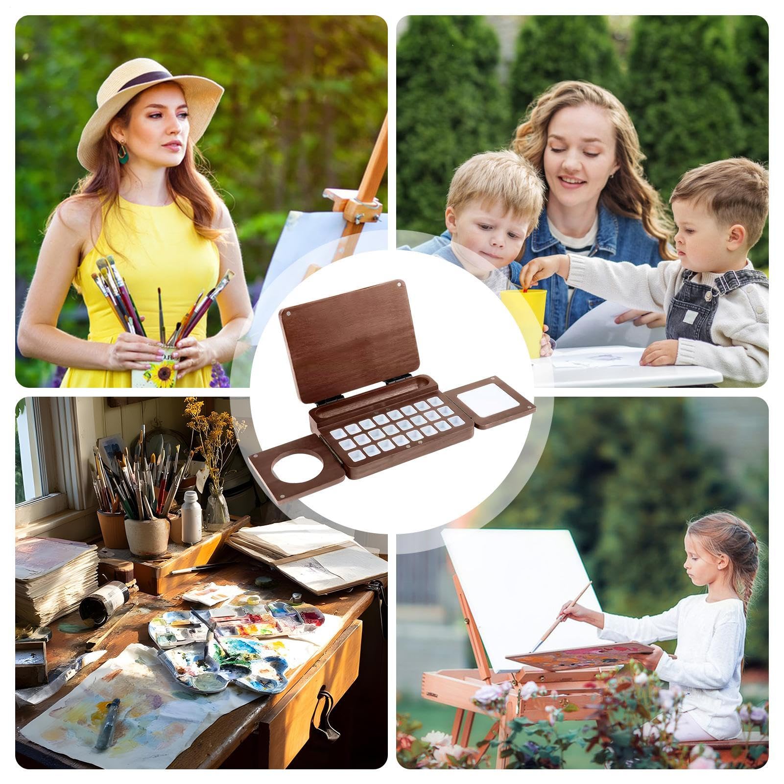Paleta do mieszania, taca malarska, drewniana akwarela tablica, 24 dobrze składany design, organizator sztuki, przenośny futerał podróżny na podróż kemping klasa studio początkujący rzemiosło | Składane Pudełko Palety Do Szkicowania W Terenie Podróży Wars