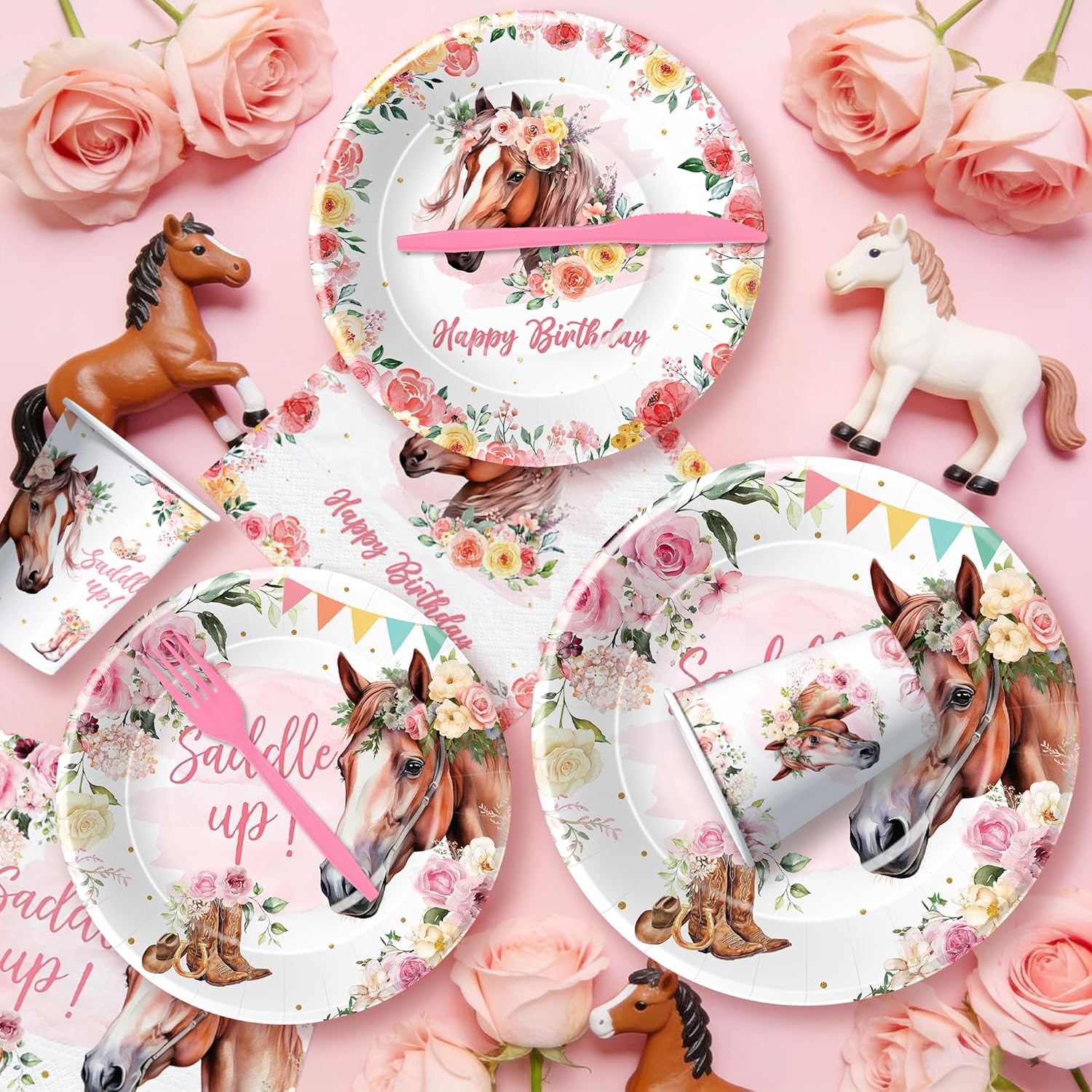 Srua Don Horse Birthday Party Supplies Girl, Pink Western Cowgirl Horse Party Decorations for Birthday Baby Shower, Plate, Cup, Napkin, Backdrop, Topper, Tablecloth, Balloons, Swirls, Banner, Serve 24