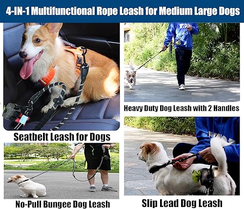 Miniatura 2 de Correa resistente para perro sin tirones, elástica y giratoria sin enredos con costuras reflectantes, asas acolchadas y soporte para bolsa de