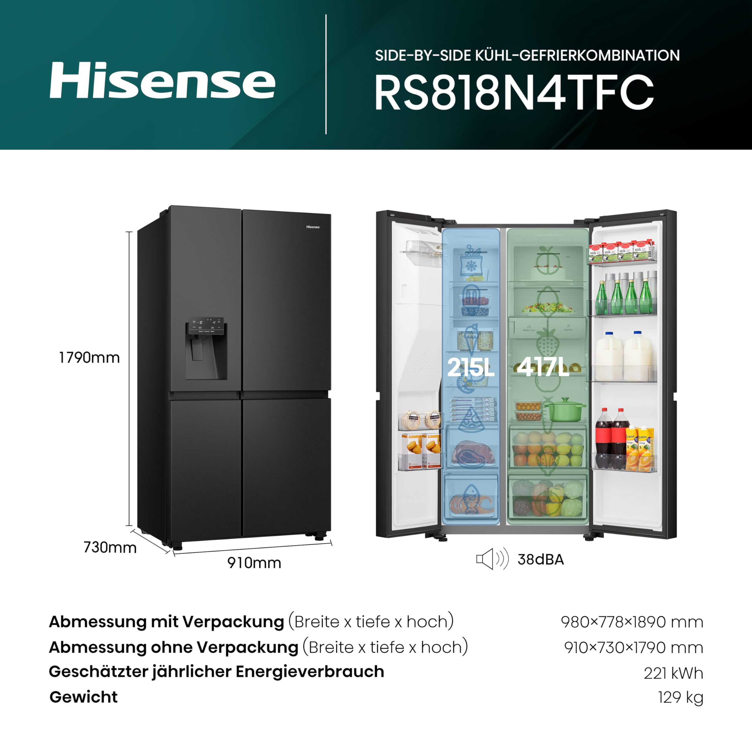 Hisense RS818N4TFC Side by Side – Kühl-Gefrierkombination, EEK C, Eis-Wasserspender, LED Display, Total No Frost, Multi Air Flow, Fast Freeze, schwarz
