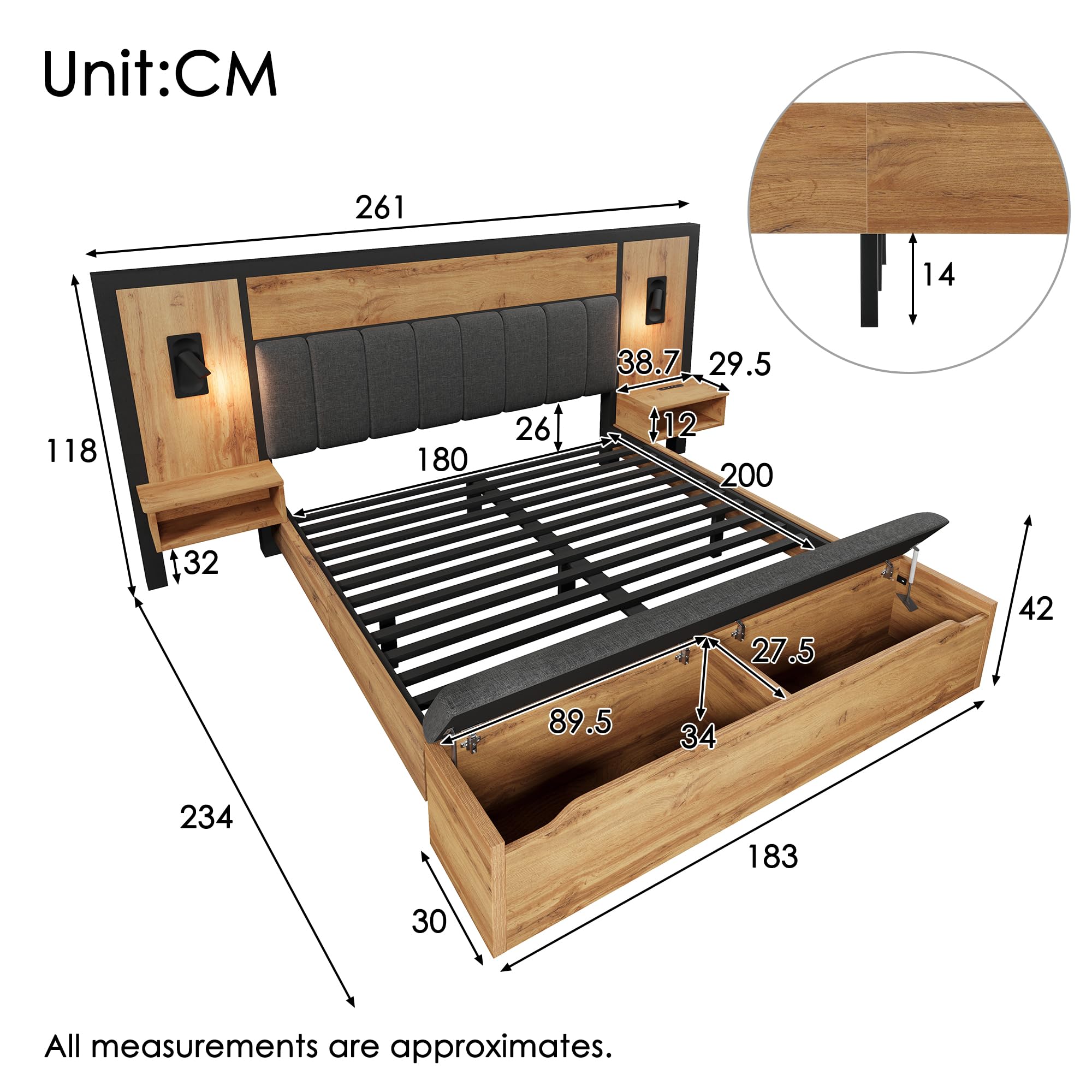 Kebnor Cama doble tapizada, cama con lámpara de lectura y mesita de noche USB C y banco con almacenamiento, estructura de cama con somier de metal, madera y lino, roble (sin colchón) (180 x 200 cm)