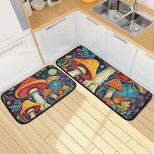 Miniatura 2 de Kitchen Mats for Floor 2 Piece Set Vibrant Mushrooms Print, Anti Skid Cushioned Water Absorbent Kitchen Rugs Door Mat Floor Mats for Kitchen Sink