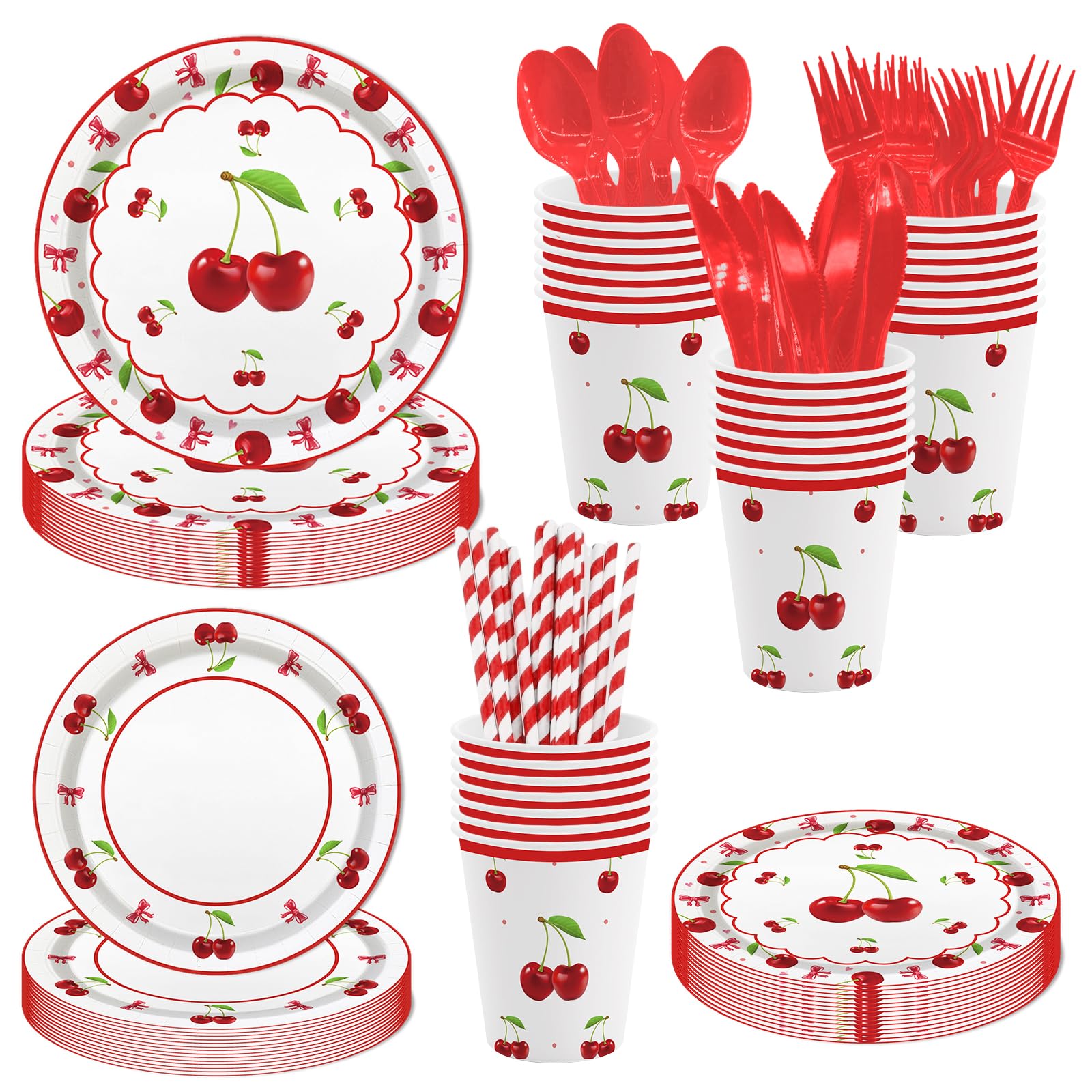 Cherry Birthday Party Supplies - 193 Piece Tableware Set For 24 Guests With Plates, Cups & Cutlery