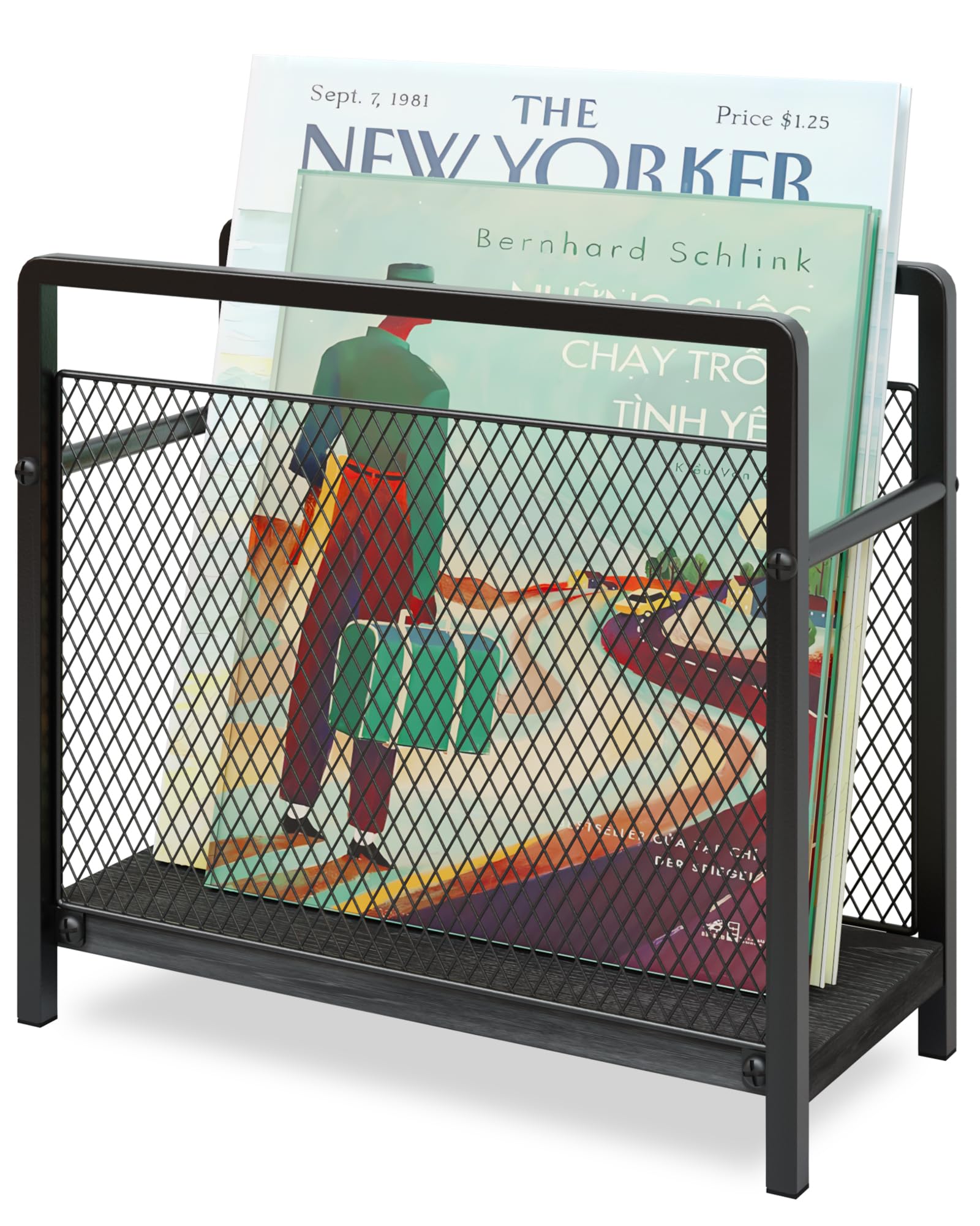 PAPAGIFTREE Freestanding Magazine Rack with Handle, Magazine File Holder Storage Metal Mesh with Wood Base, 29.5Γ11.5Γ26.9cm Mini Bookshelf for Newspapers, Books, Folders, Mails, Dark Black