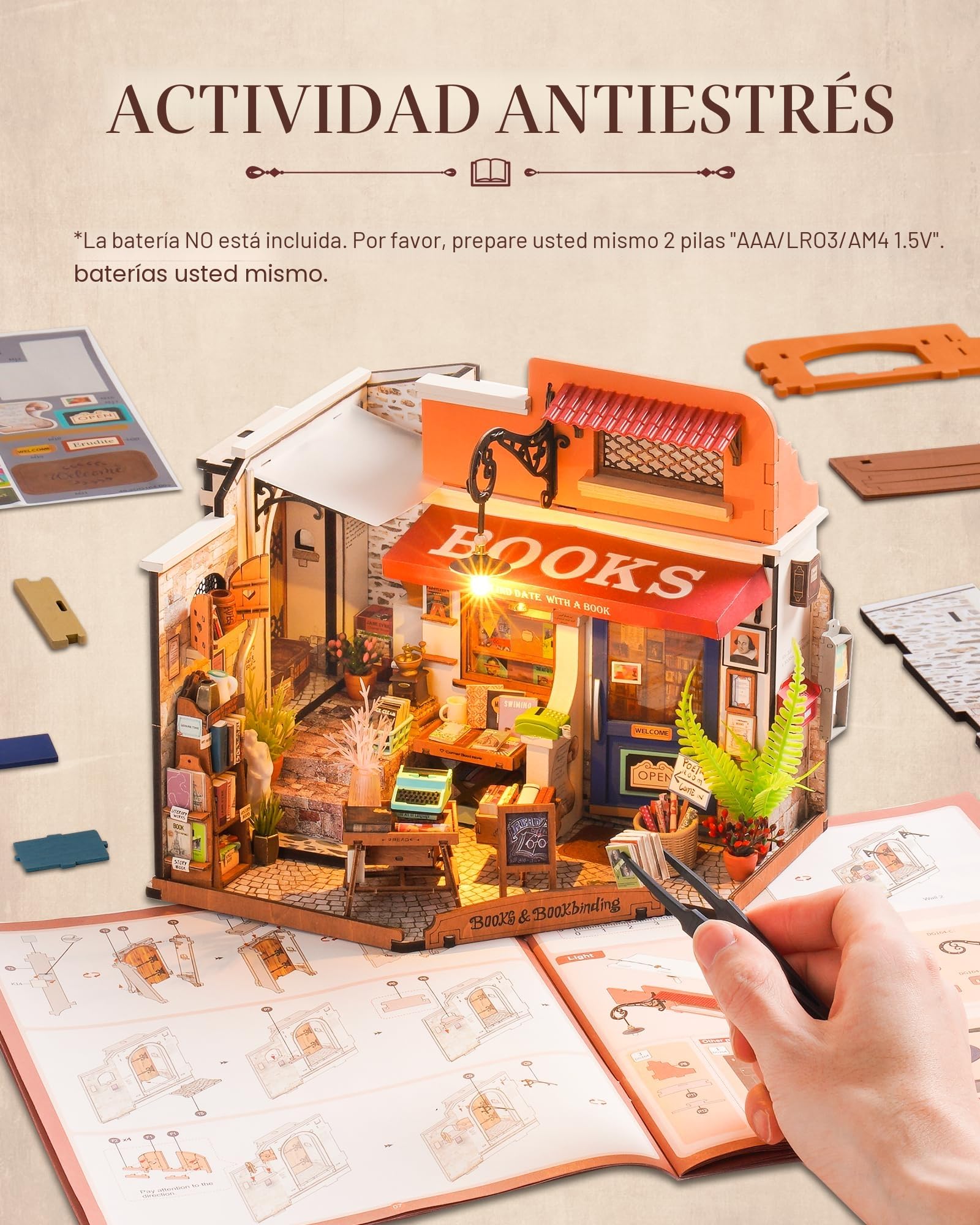 Rolife Casa de Muñecas Librería de Esquina con Luces LED DIY Miniatura Casa de Muñecas Kit con Muebles Modelo de Madera 3D Puzzles para Niños y Adultos