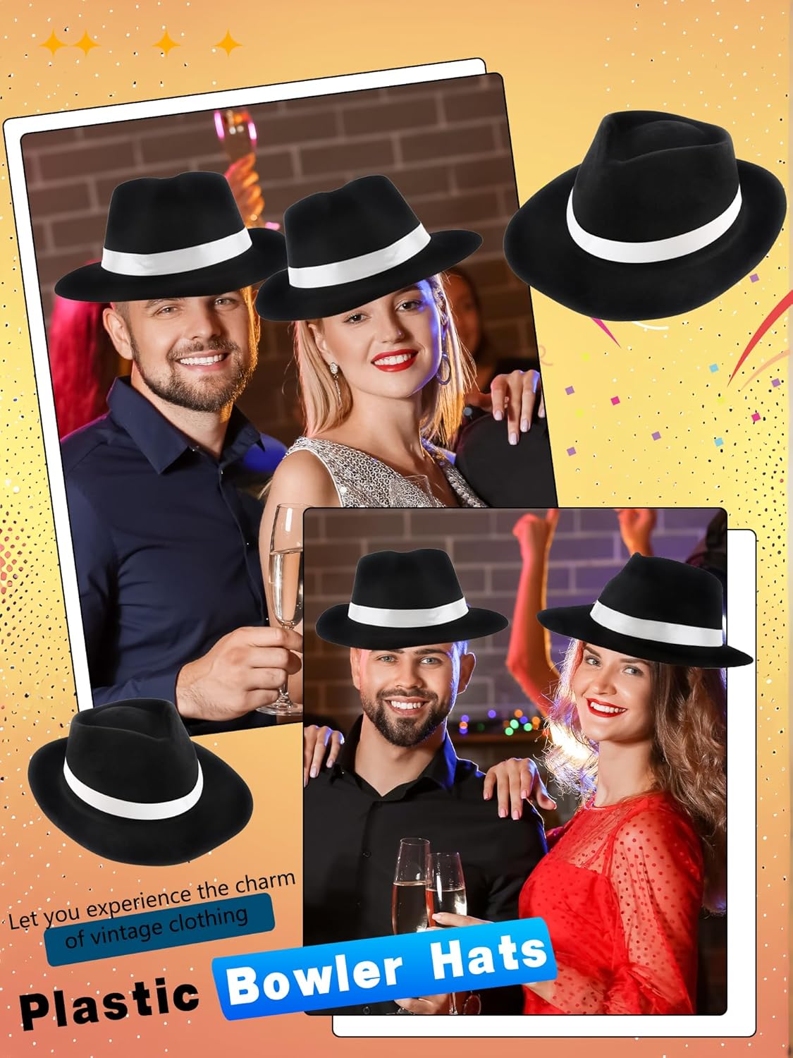 8 Pack Black Fedora Hat Plastic Gangster Hats 1920s Hat Gentlemen Hats for Adult Kids Halloween Birthday Dress Up - Image 3