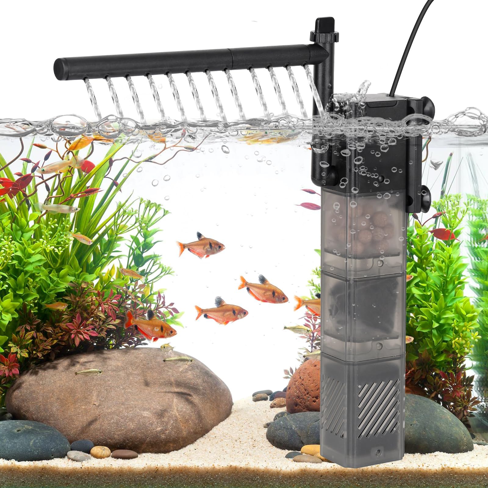 Aquarium Filter DC 5V Multiple Function Power Quiet Fish Tank Filter with Rainfall Aeration 3-Stages Filtration Adjustable Submersible Internal Fish Filter for 13-35 Gallon