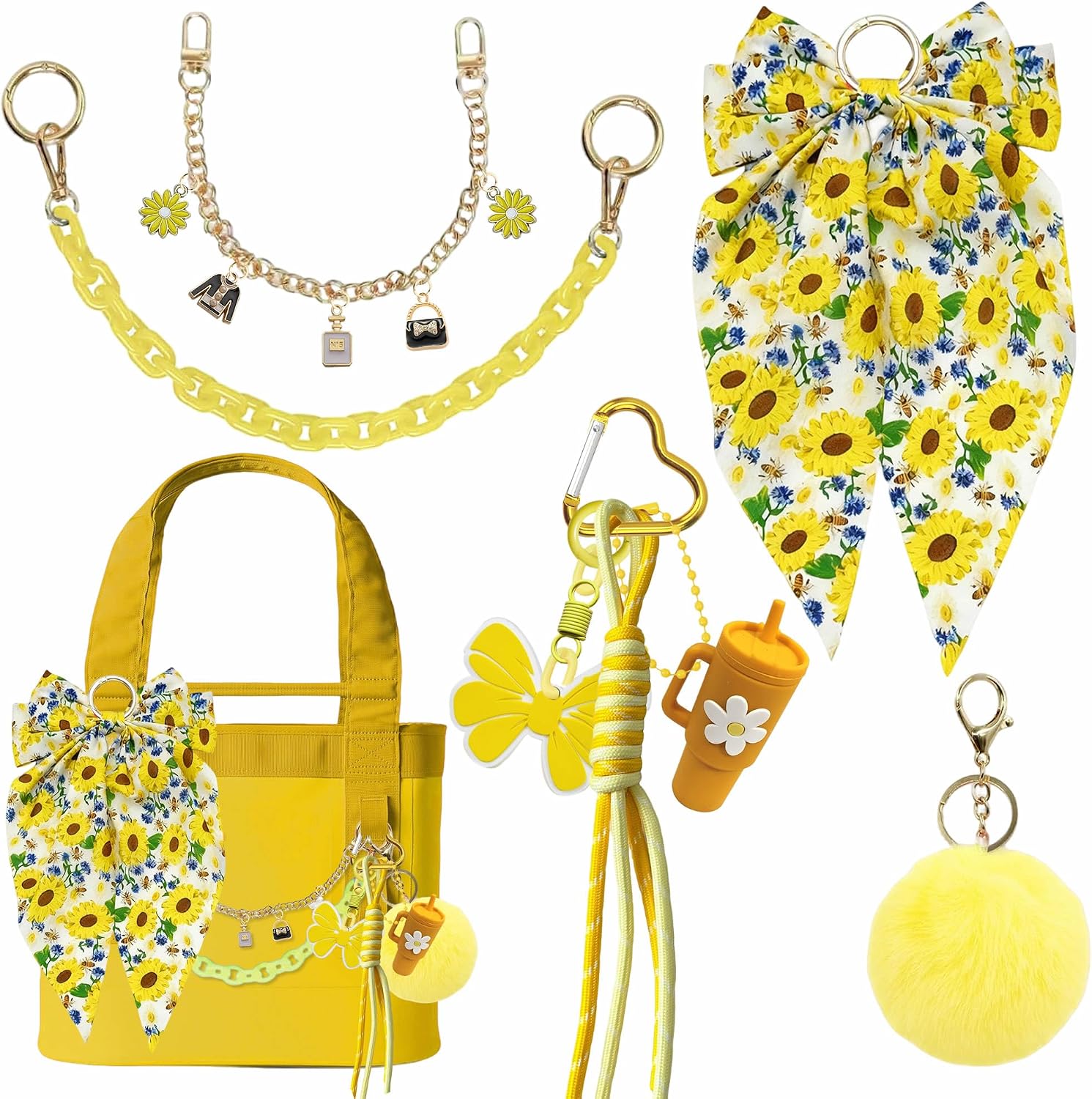 8PCS Tote Bag Decor Kit, Decorative Bow & Pom Pom Accessories, Compatible with YETI Camino 20/35/50 Carryall, Bogg Beach Tote Bags (Yellow Sunny)