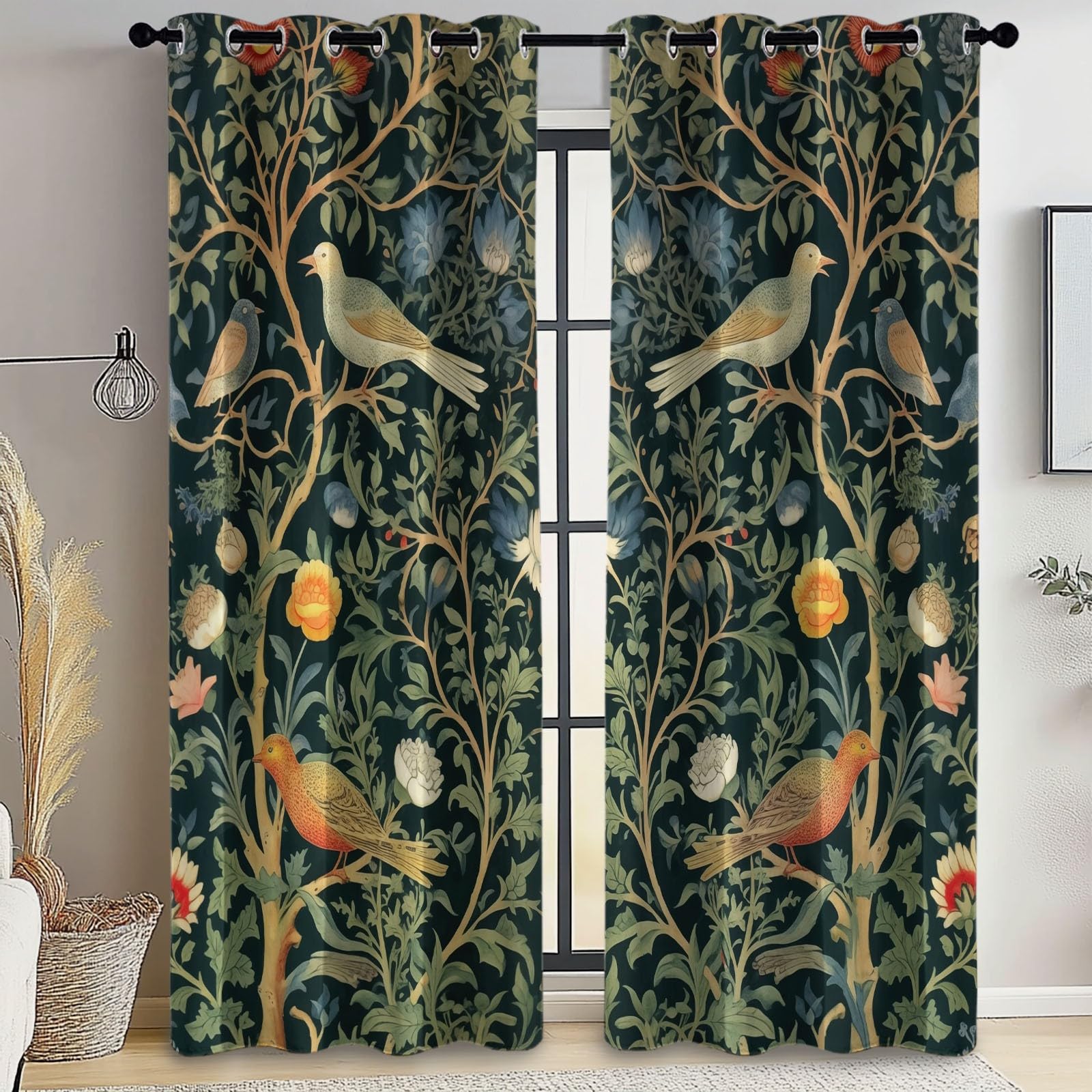 William Morris Fleurs Oiseaux Rideaux à Oeillets 70x240 cm 2 Panneaux Isolant Opaque Vert Foncé Porte-Fenêtre
