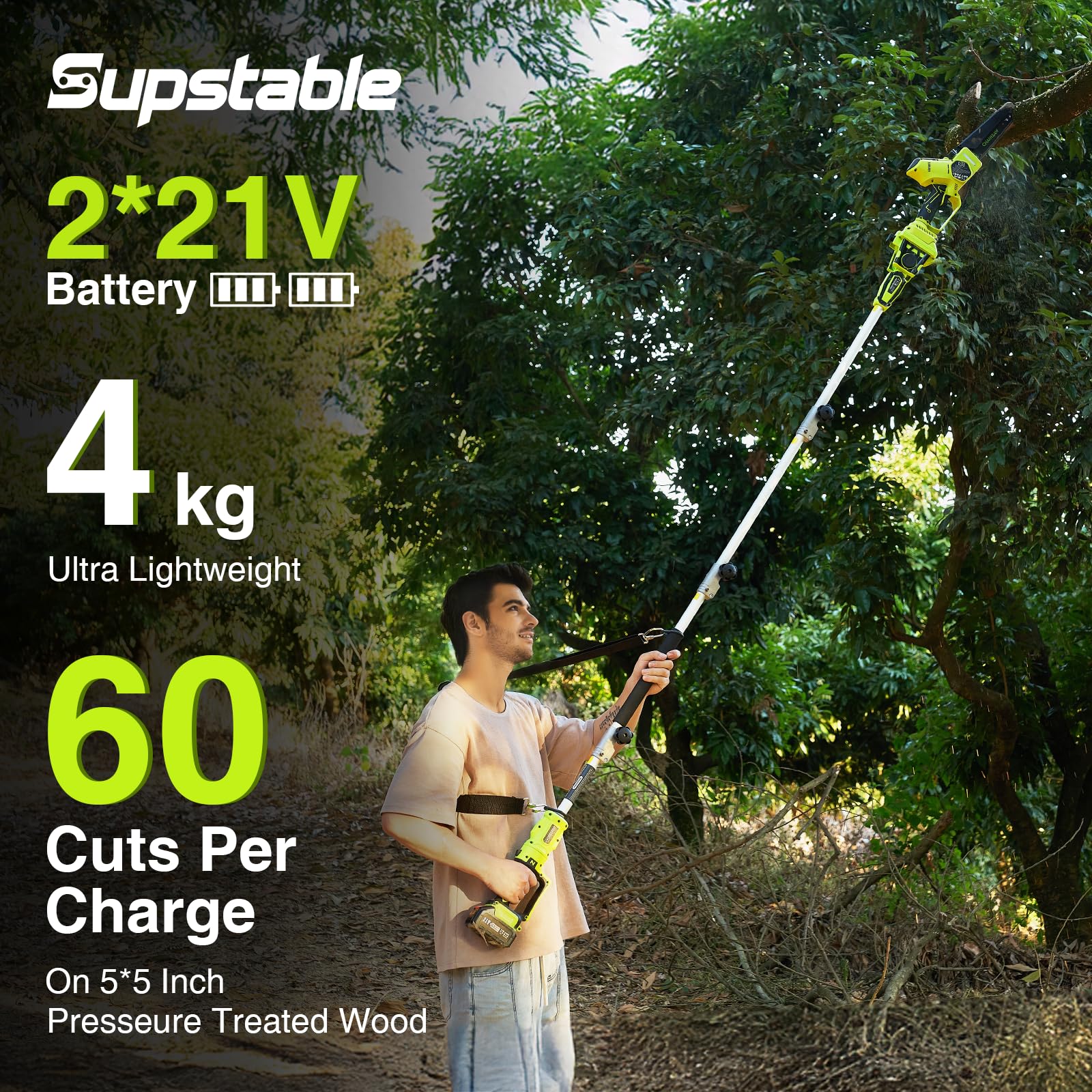 Supstable Élagueuse sur Perche sans Fil, Scie à Élaguer Télescopique de 8 Pouces avec Tête Pivotante à 180°, Mini Tronçonneuse avec 2 Batteries de 4000mAh & Chargeur, Perche Réglable jusqu'à 2,8M