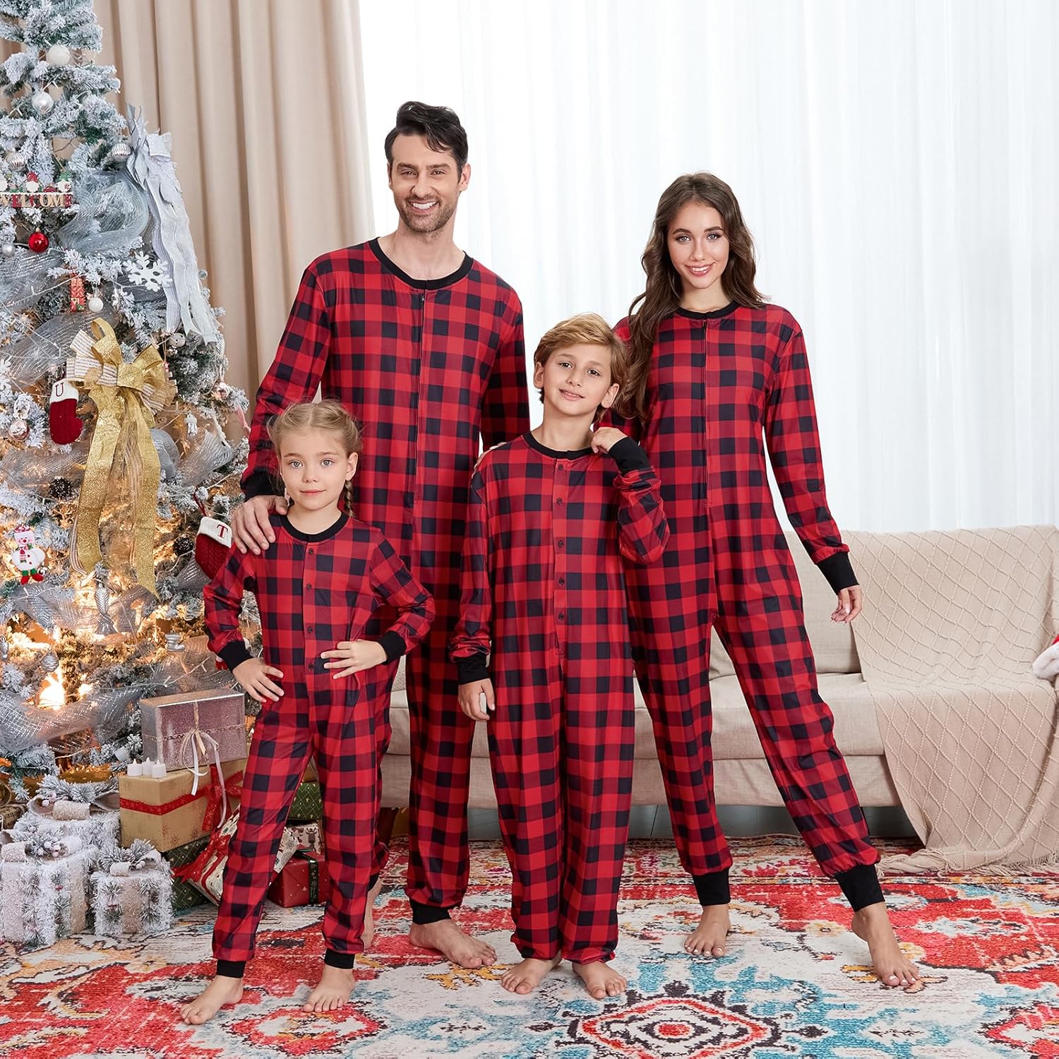 Matching Family Christmas Onesie Pajamas, Buffalo Plaid One-Piece Sleepwear Holiday Loungewear w Zipper