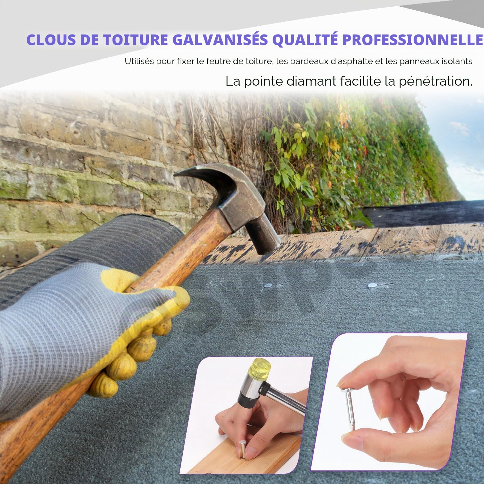 Swpeet Lot de 300 clous en feutre galvanisé de haute qualité de 2,5 cm pour toiture en feutre, bardeaux d'asphalte et panneaux isolants