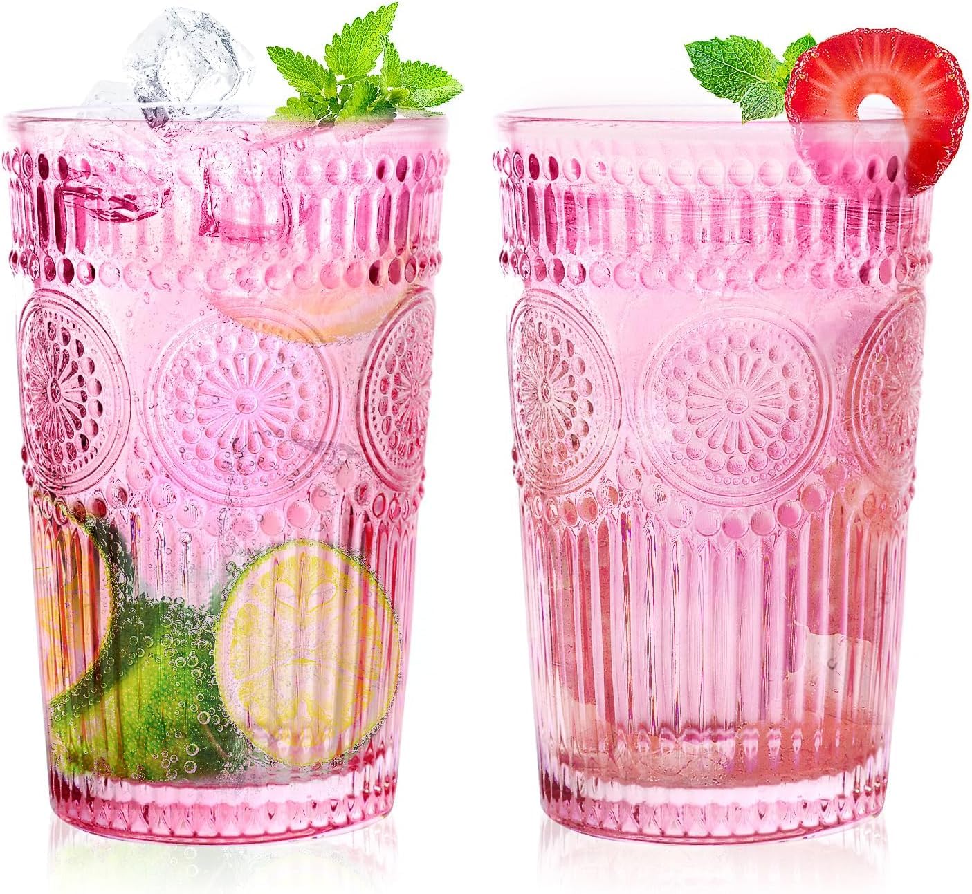Vintage Ribbed Drinking Glasses Set of 2 - Amber Highball Glasses for Water Cocktails and Coffee Style 2
