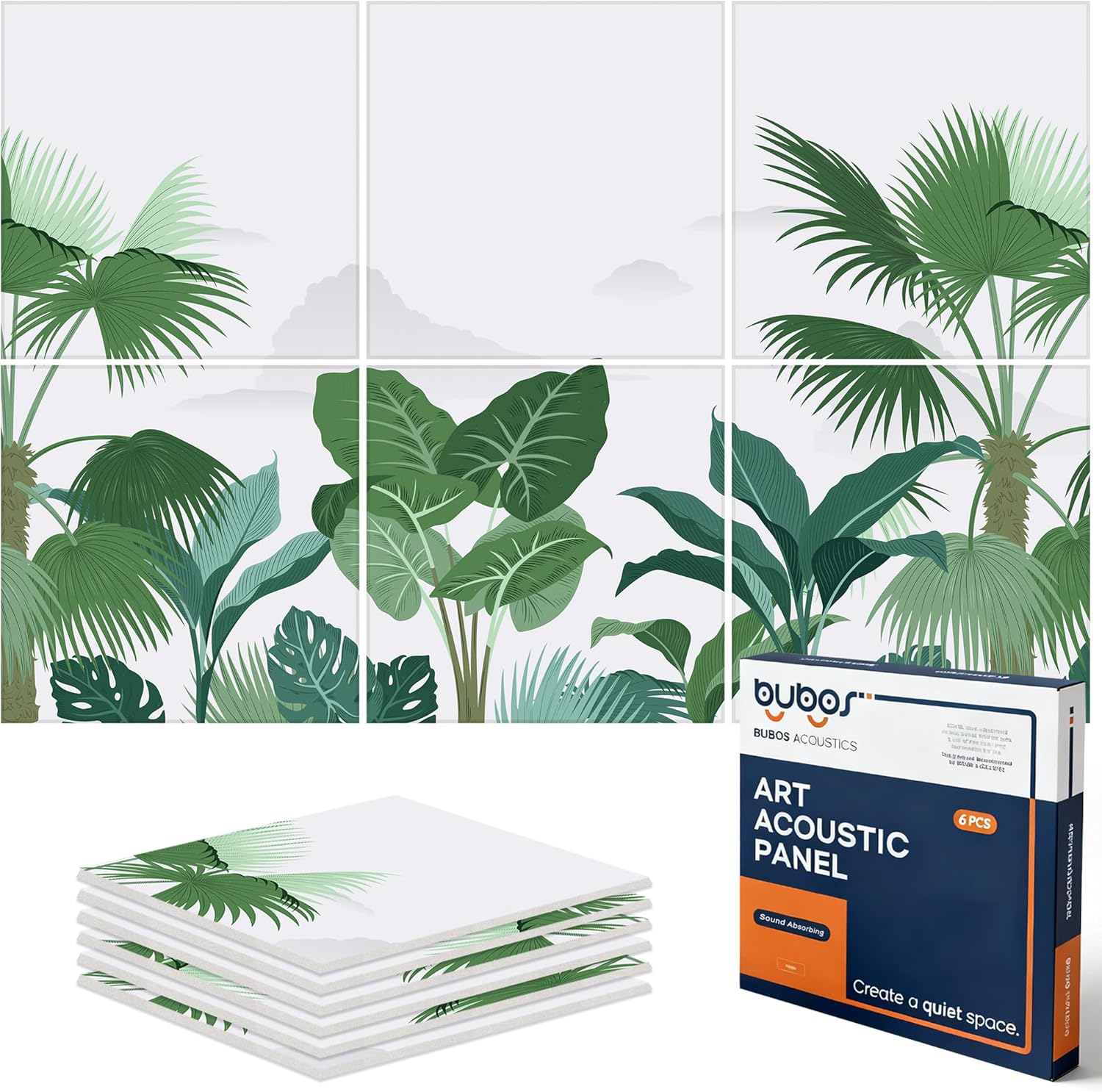 BUBOS 6 Pack Art Acoustic Panels Soundproof Wall Panel,70.8X47.2 Inches Large Sound Absorbing Panel,Self-Adhesive Decorative Acoustical Wall Panels, Acoustic Treatment for Home Office?Green Leaves?